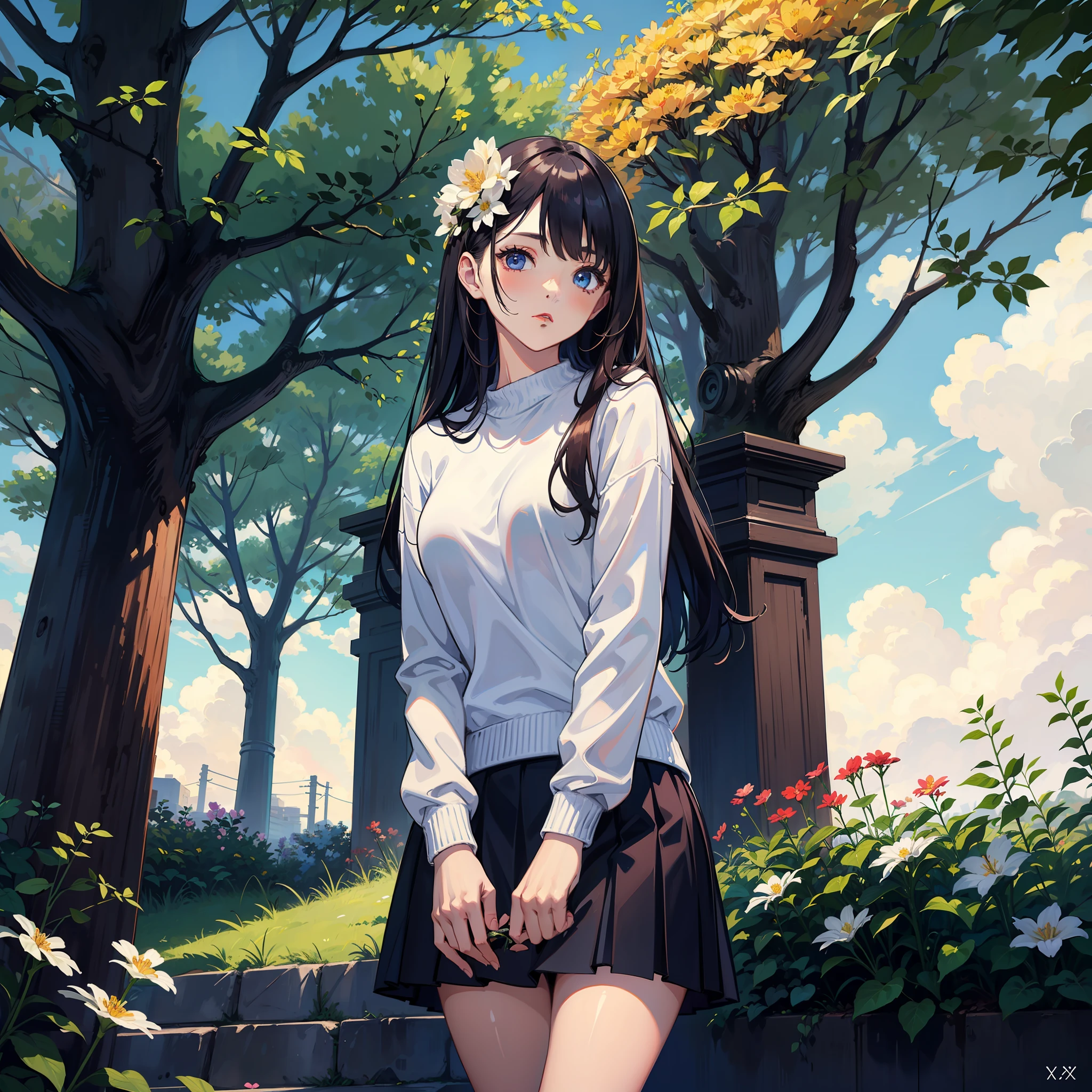 white sweater,masterpiece,high quallity,highly detailed,(1girl:1.2),long hair,white sweater,tight skirt,shushing,eye level view,looking at viewer,bust,tree,flower,