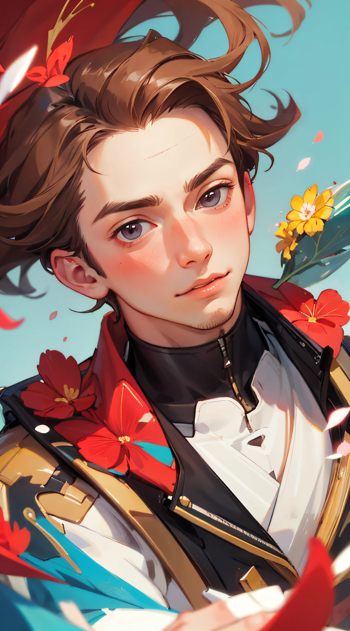 (optimal quality,masterpaintings,Hyper-realistic),1 cute boy portrait,Playful and cute,Background Petals drifting