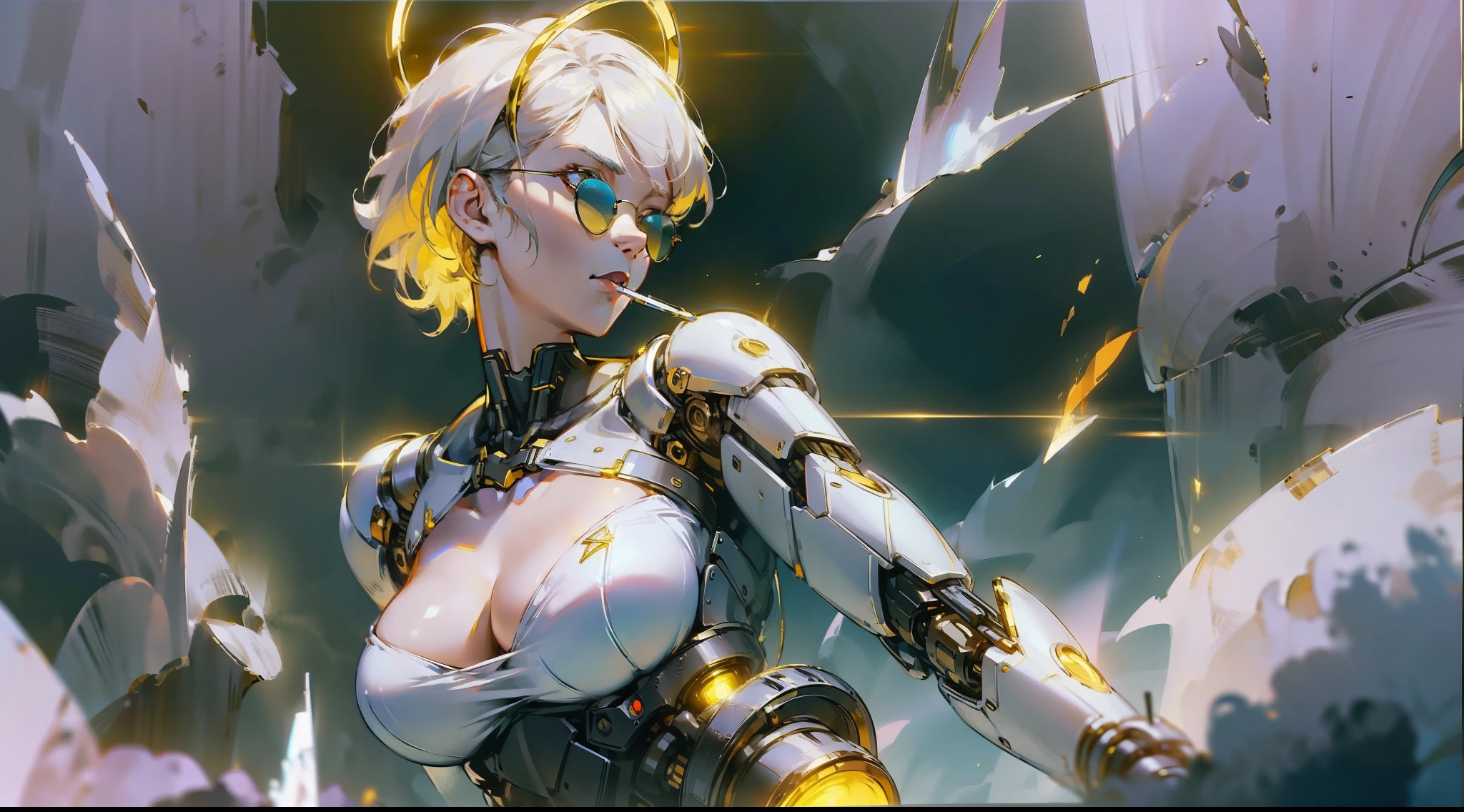 shui001, (realisticlying:1.4), offcial art, Unity 8k wallpaper, superdetailed,Delicate detail skin, (Movie Angle)(filmgrain:1.2)cinamtic lighting,Beautiful and beautiful,dynamic lighting, masterpaintings, beste-Quality, Glowing skin, cyberpunked, Robotic arm, (Cyberpunk joints), (neons), (cybernetic implants:1.2), (that enhances the), (Cyborg Man:1.2)(cowboy lens), in night, 1girl huge large breasts, short-cut hair, Slim body, mediuml breasts, a narrow waist, vests, knicker,Fishnet panty house,Lead singer of a rock band,heavy metal,Wear sunglasses,(plays electric guitar:1.5),Cigarettes in your mouth,chain,Sliver,necklac,Live house,Fiery atmosphere,sexy cleavage,mesmerizing,(Speaker cabinet:1.3),electrical wires,Cable tail,Devil's Horn,Crazy pose,excitement,
