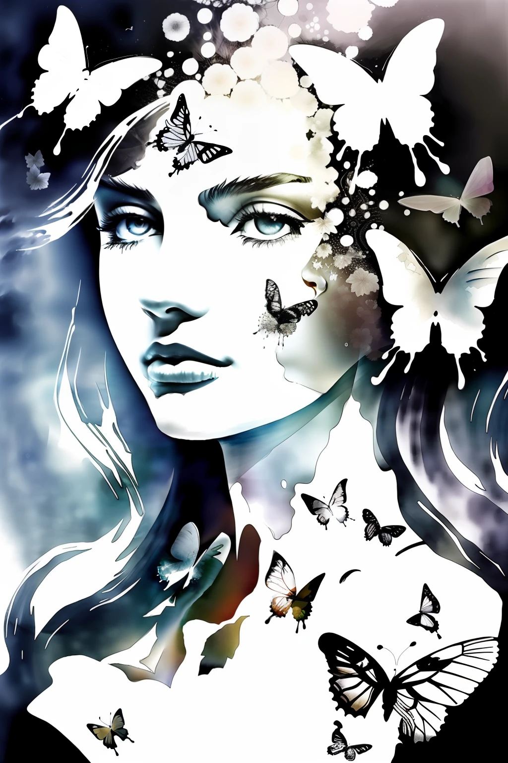 (Doubleexposure),1girl huge large breasts,White background,(solo),( Ink painting),The drops,(Butterflies),巨作,Best quality