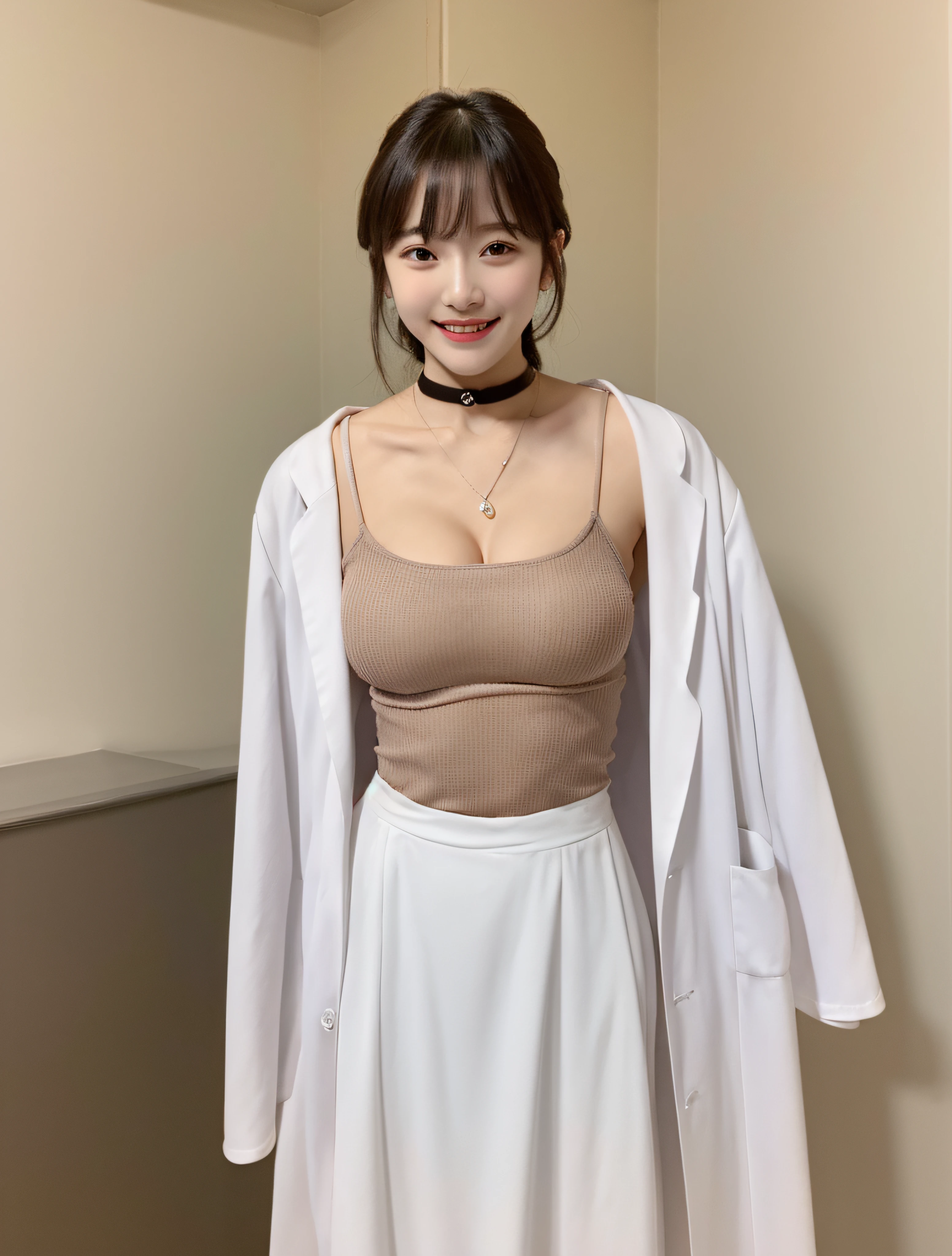 (1 girl:1.5), masterpiece, hot shot, ((best quality)), absurdres, perfect antomy, (Small smile), necklace, choker, dress, (Big breasts:1.3), (braless:1.4), defined abdomen, labcoat, standing, doctor office background, sexy pose