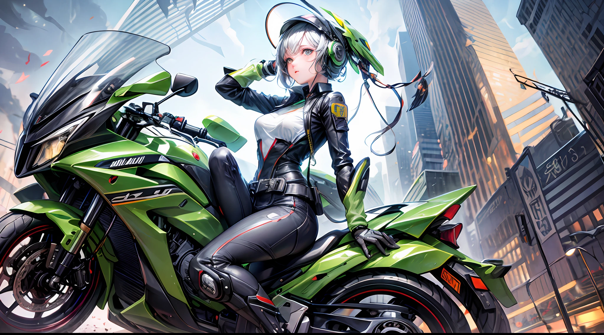 Highest image quality, outstanding details, ultra-high resolution, (realism: 1.4), the best illustration, favor details, highly condensed 1girl, with a delicate and beautiful face, dressed in a black and green mecha, wearing a mecha helmet, holding a directional controller, riding on a motorcycle, the background is a high-tech lighting scene of the future city.