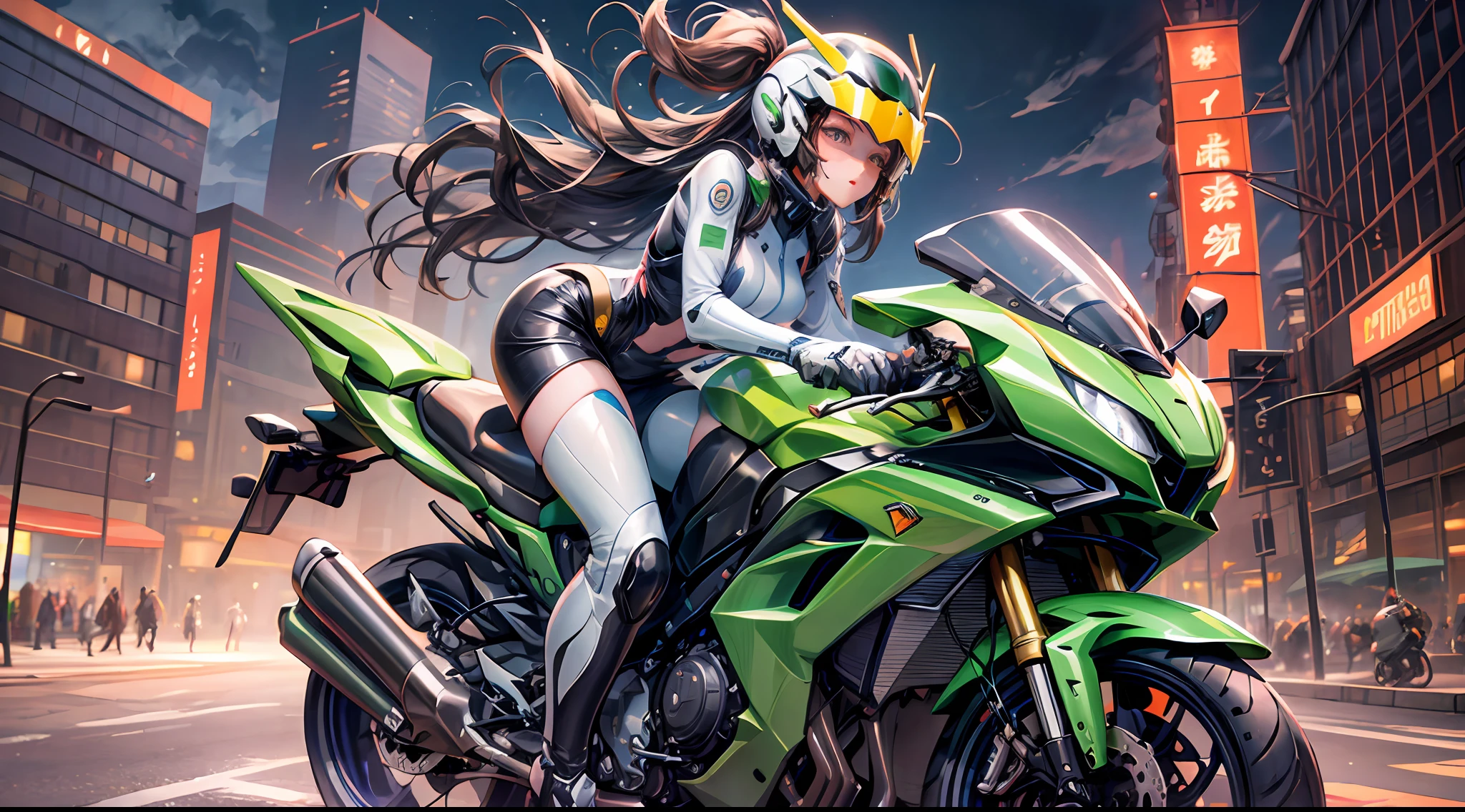 Highest image quality, outstanding details, ultra-high resolution, (realism: 1.4), the best illustration, favor details, highly condensed 1girl, with a delicate and beautiful face, dressed in a black and green mecha, wearing a mecha helmet, holding a directional controller, riding on a motorcycle, the background is a high-tech lighting scene of the future city.