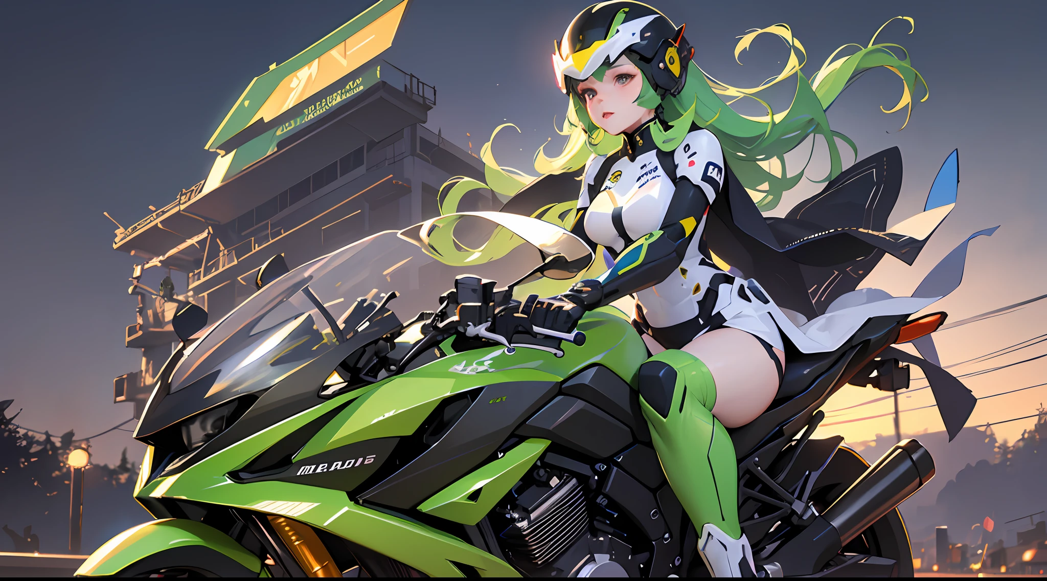 Highest image quality, outstanding details, ultra-high resolution, (realism: 1.4), the best illustration, favor details, highly condensed 1girl, with a delicate and beautiful face, dressed in a black and green mecha, wearing a mecha helmet, holding a directional controller, riding on a motorcycle, the background is a high-tech lighting scene of the future city.