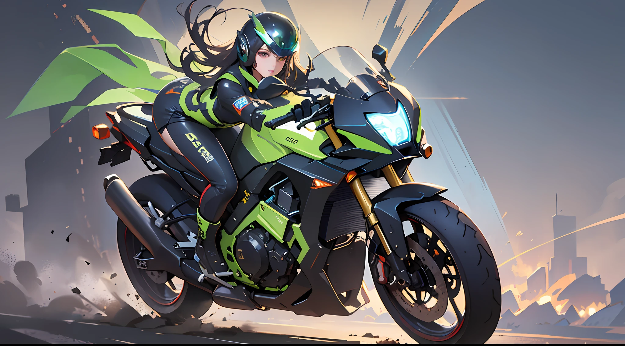 Highest image quality, outstanding details, ultra-high resolution, (realism: 1.4), the best illustration, favor details, highly condensed 1girl, with a delicate and beautiful face, dressed in a black and green mecha, wearing a mecha helmet, holding a directional controller, riding on a motorcycle, the background is a high-tech lighting scene of the future city.