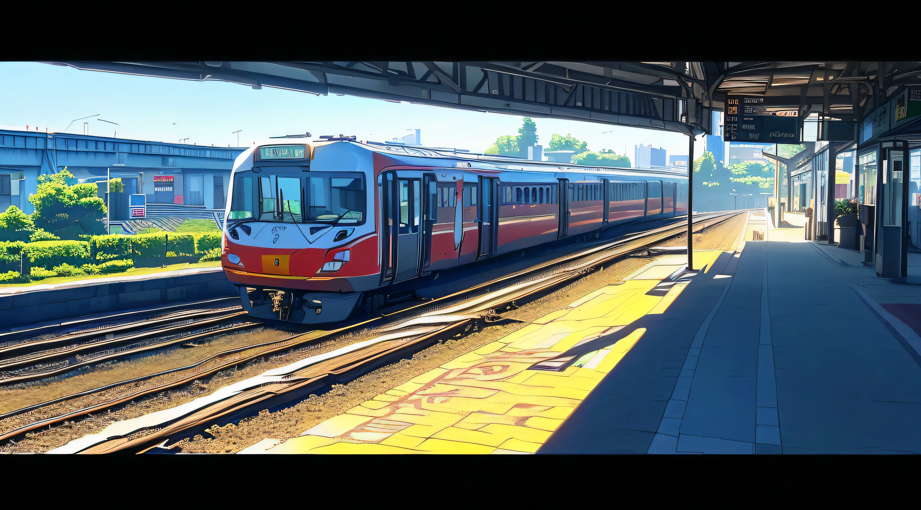 there is a train that is pulling into the station with a bench, drinking a beer at train station, train station in summer, train station explosion, youtube video, shot on gopro9, sitting in tokyo, Train station, youtube thumbnail, cinematic shot ar 9:16 -n 6 -g, 4 k'', anime style mixed with fujifilm, train station background
