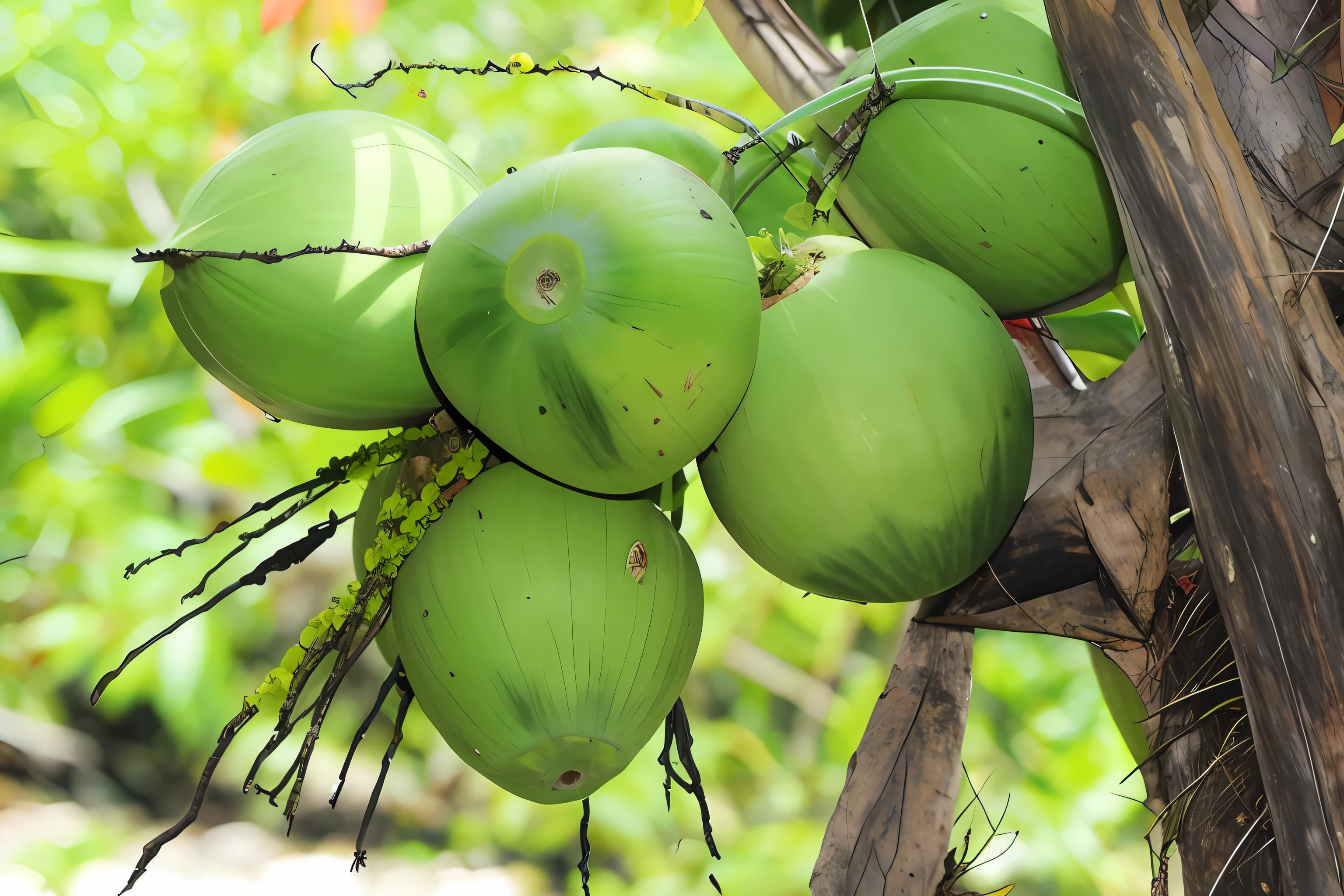 there are many green coconuts growing on a tree in the jungle, coconut, Coconut trees, tropical fruit, coconut palms, Green, , With fruit a green tree,  fruit trees,  chipped away, A close-up, Beautiful image, jungle fruit, natural beauty, close-up lens