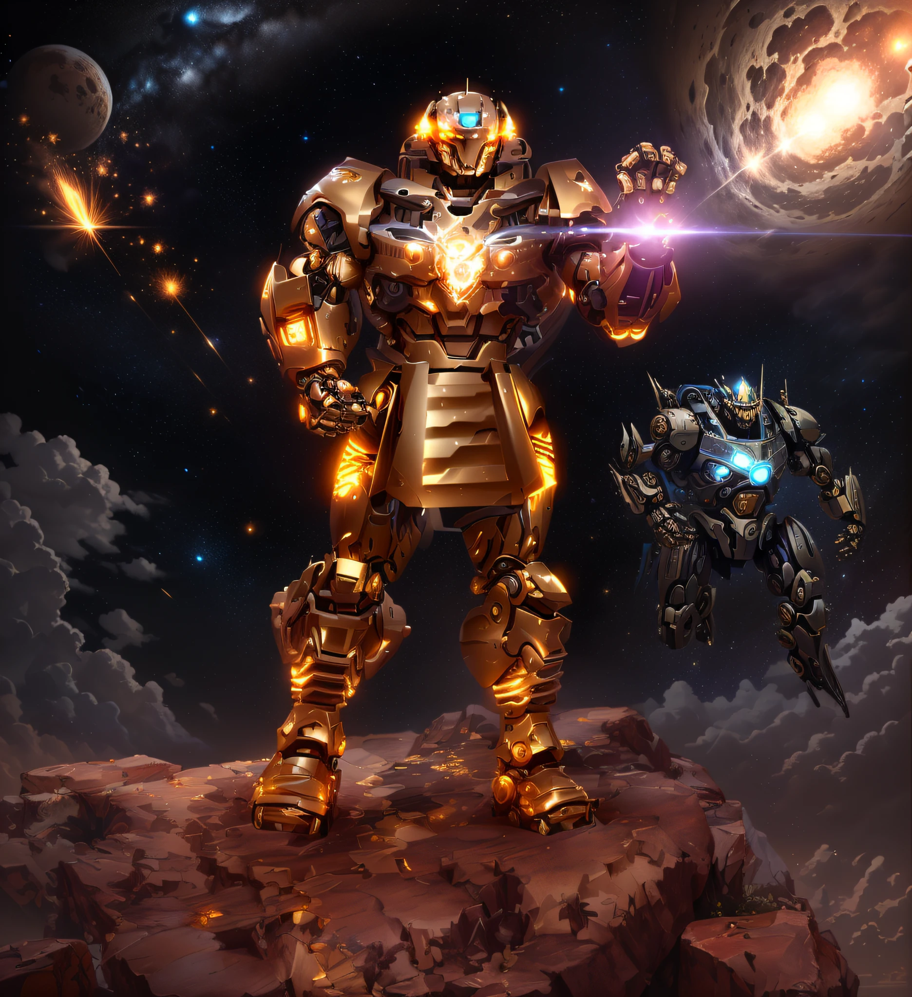 there is a robot that is standing on a rock with a glowing arm, intrincada armadura mecha brilhante, mecha amarelo keetongu bionicle, luzes brilhantes na armadura, the golden humanoid robot, traje espacial brilhante, Ouro Sci - Armadura de Fi:, paladino de ouro, wario as the armored titan, detailed cosmic angelic robot, Unreal Motor render Saint Seiya