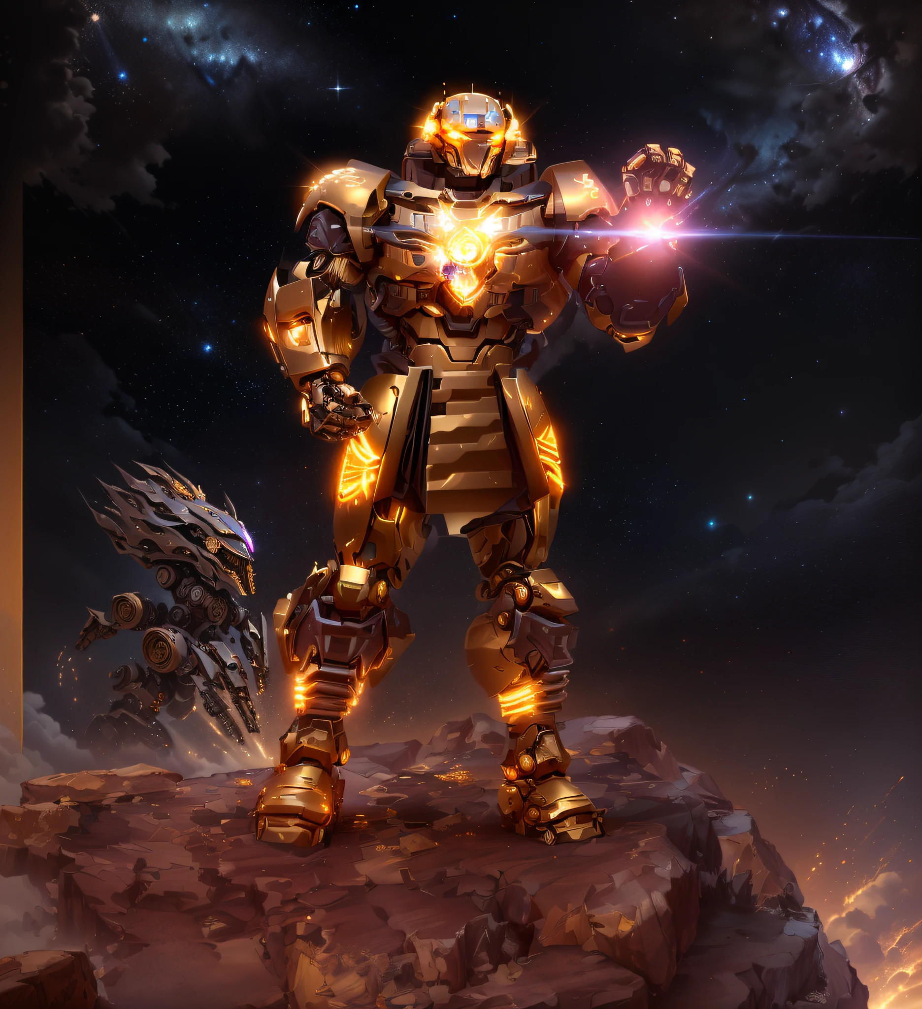 there is a robot that is standing on a rock with a glowing arm, intrincada armadura mecha brilhante, mecha amarelo keetongu bionicle, luzes brilhantes na armadura, the golden humanoid robot, traje espacial brilhante, Ouro Sci - Armadura de Fi:, paladino de ouro, wario as the armored titan, detailed cosmic angelic robot, Unreal Motor render Saint Seiya