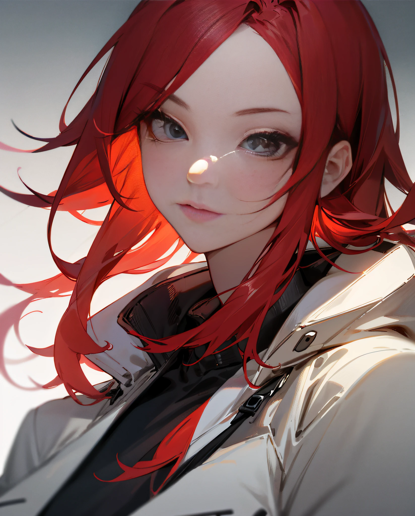 (Detailed Lights, Detailed Shadows), 1Woman, Red Hair, White Coat, ((Detailed Eyes)), Close-up, Portrait, (Black Eyes), Extremely Detailed Clothes, ((Modern Clothes)), Beautiful Hair, Muscular, Hair Down, Extremely Detailed Background, Beautiful Background