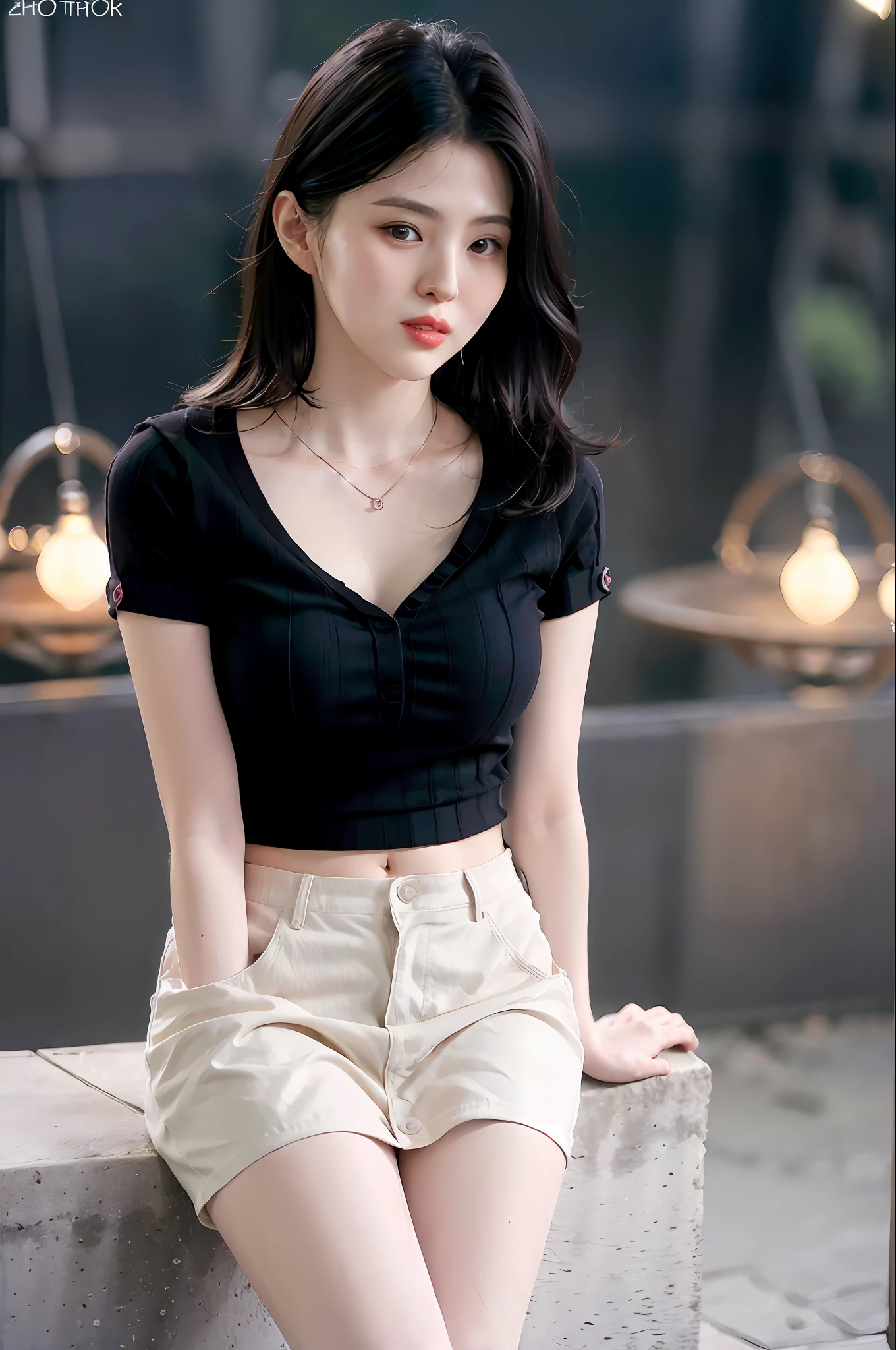 photorealistic, 8K, ultra realistic details, sharp focus, detailed skin, (outdoor,typically cozy with soft lighting, comfortable seating), (mini skirt, crop top, block heels, statement necklace), extremely detailed face and eyes, (big breasts)