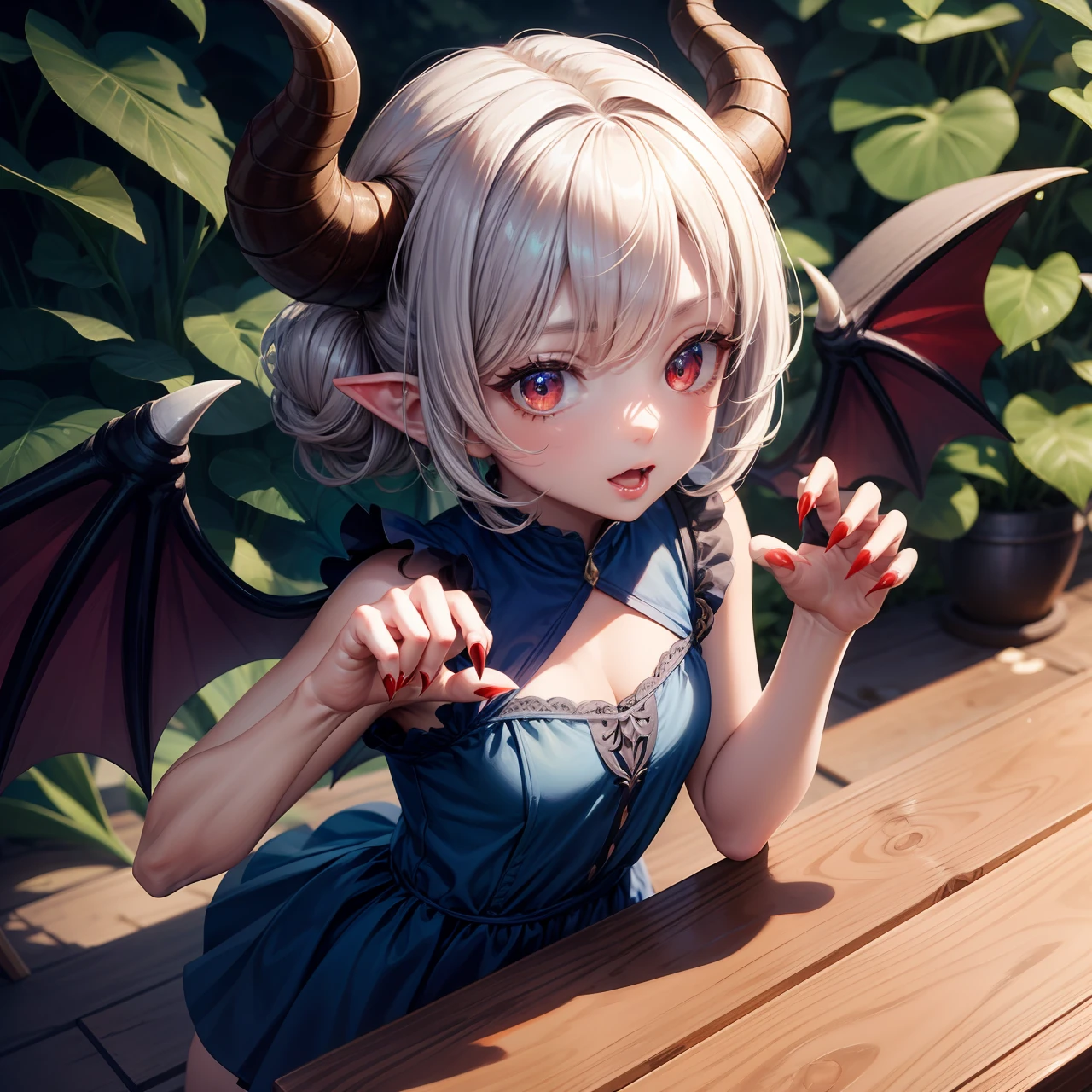 Splash art, cute demon girl, demon wings, cute blue summer dress, showing claw hands pose, with small red claws on fingers, (perfect hands), looking to viewer, standing on wooden table, fighting pose, stunning beauty, [[chibi]], close-up, muted colors, deep shadows, trending on Pixiv, 4k