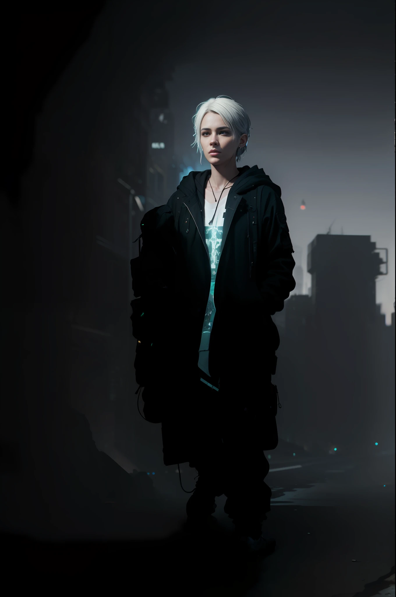 (masterpiece, full body shot, intricate raw photography) Cyberpunk citizen, comfortable oversize black hoodie, black cargo pants, black clothes, dark, intricate, futuristic, advanced technology, dark environment, dramatic, light and shadow, cinematic, action movie, sharpness, random relaxed position, Cyberpunk City, street lights, dark street, night, Insta photo, photo of the year, octane render, substance, Maya 3D, cinema4D, ArtStation Trending, Devian Art Trend,