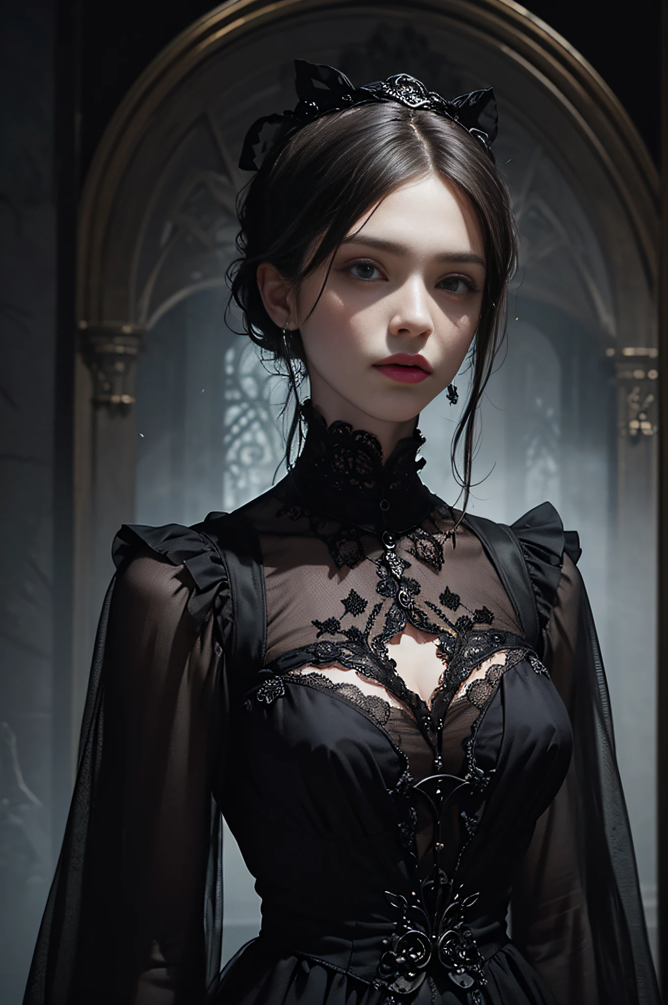 Official Art, Unity 8k wallpaper, super detailed, beautiful, beautiful, masterpiece, best quality,
darkness, atmosphere, mystery, romanticism, creepy, literature, art, fashion, victorian, decoration, intricacies, ironwork, lace, contemplation, emotional depth, supernatural,
1 girl, solo, neck, bust composition