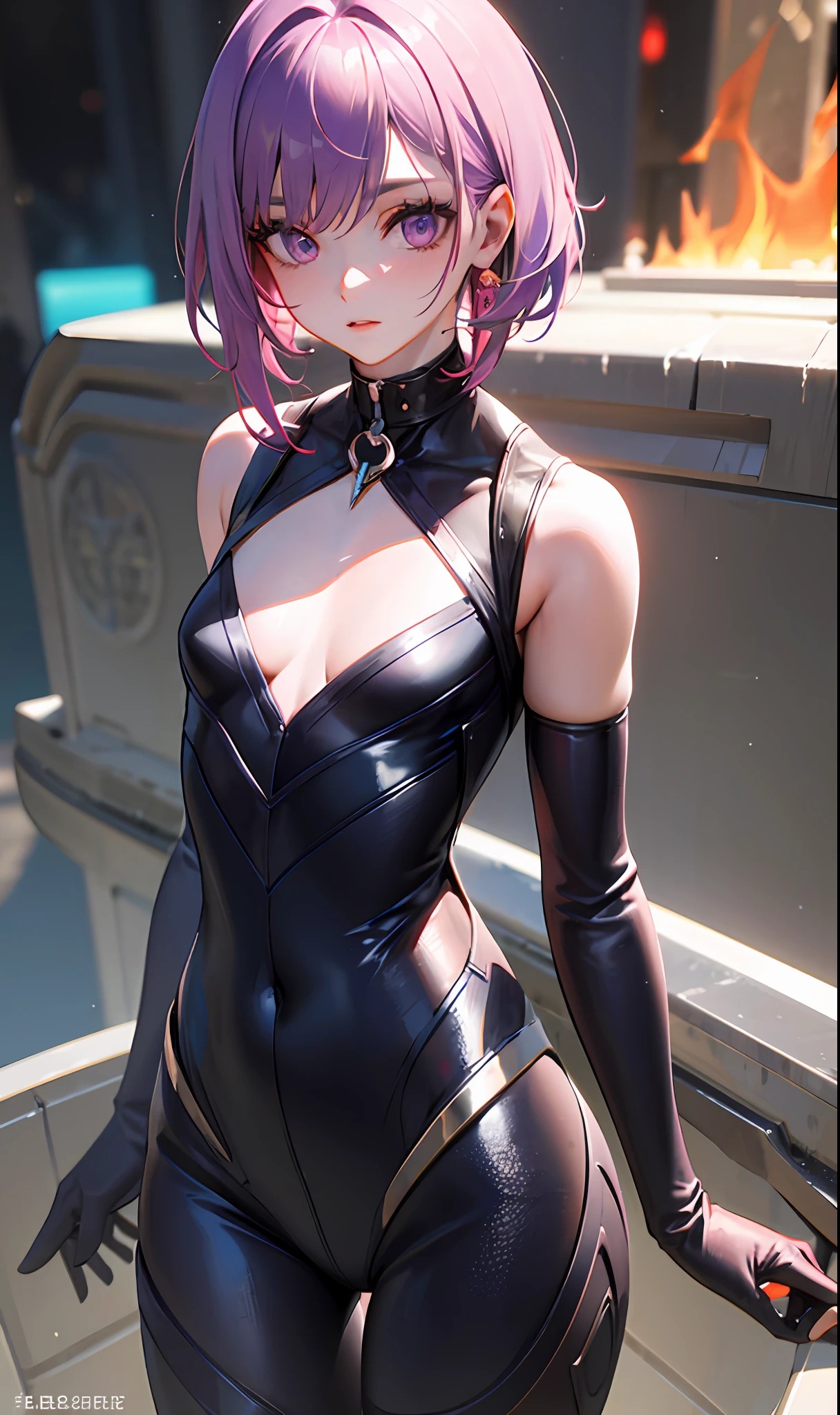 (master-piece,sidelit,Beautiful eyes:1.2),(master-piece*sportrait),sportrait,Bust,(Bust),Lifelike,anatomical correct,3D脸,luscious skin,(solo),Hair with pick-dye,Gradient hair,(closeup at the face),Lovely face,(Fire opal-like purple eyes),Hanging eye corners,((High Detail Skins,Visible pores)),(Perfect body),A beautiful girl,small breasts,((pilot_suit)),(Neck ring),very short gloves,(chain)