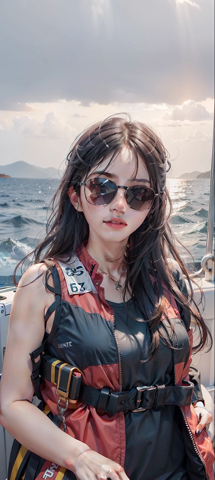 woman wearing a life jacket and sunglasses on a boat in the ocean, on a boat, with sunglass, on a boat on a lake, On the sea, heonhwa choe, , on the ocean water, With sunglasses, jaeyeon nam, On a yacht at sea, With sunset, Wearing sunglasses nice and cute