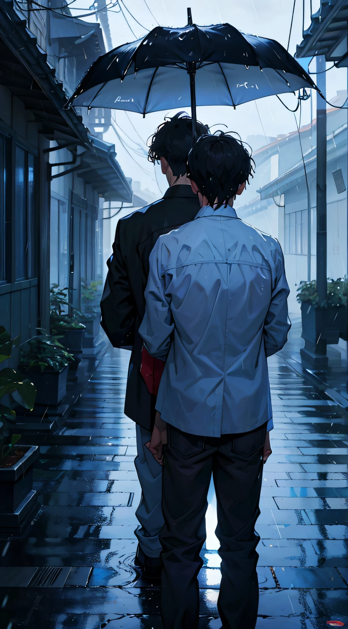 masterpaintings,optimal quality,downpour,Two men,Extremely depressing,with short black hair,Hands together,Back Shadow
