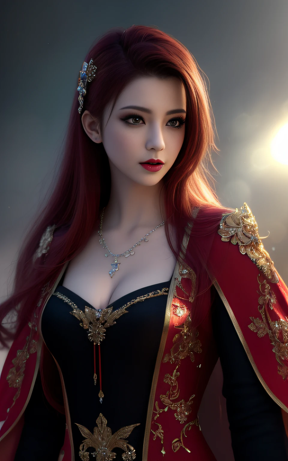 vampire, best quality, masterpiece, high resolution, 1girl, porcelain dress, red hair, hair accessories, necklace, jewelry, beautiful face, physically, tyndall effect, apron, realistic, dark studio, edge lighting, double Tonal lighting, (high detail skin: 1.2 ), 8k uhd, dslr, soft light, high quality, volume light, candid, photo, high resolution, 4k, 8k, bokeh