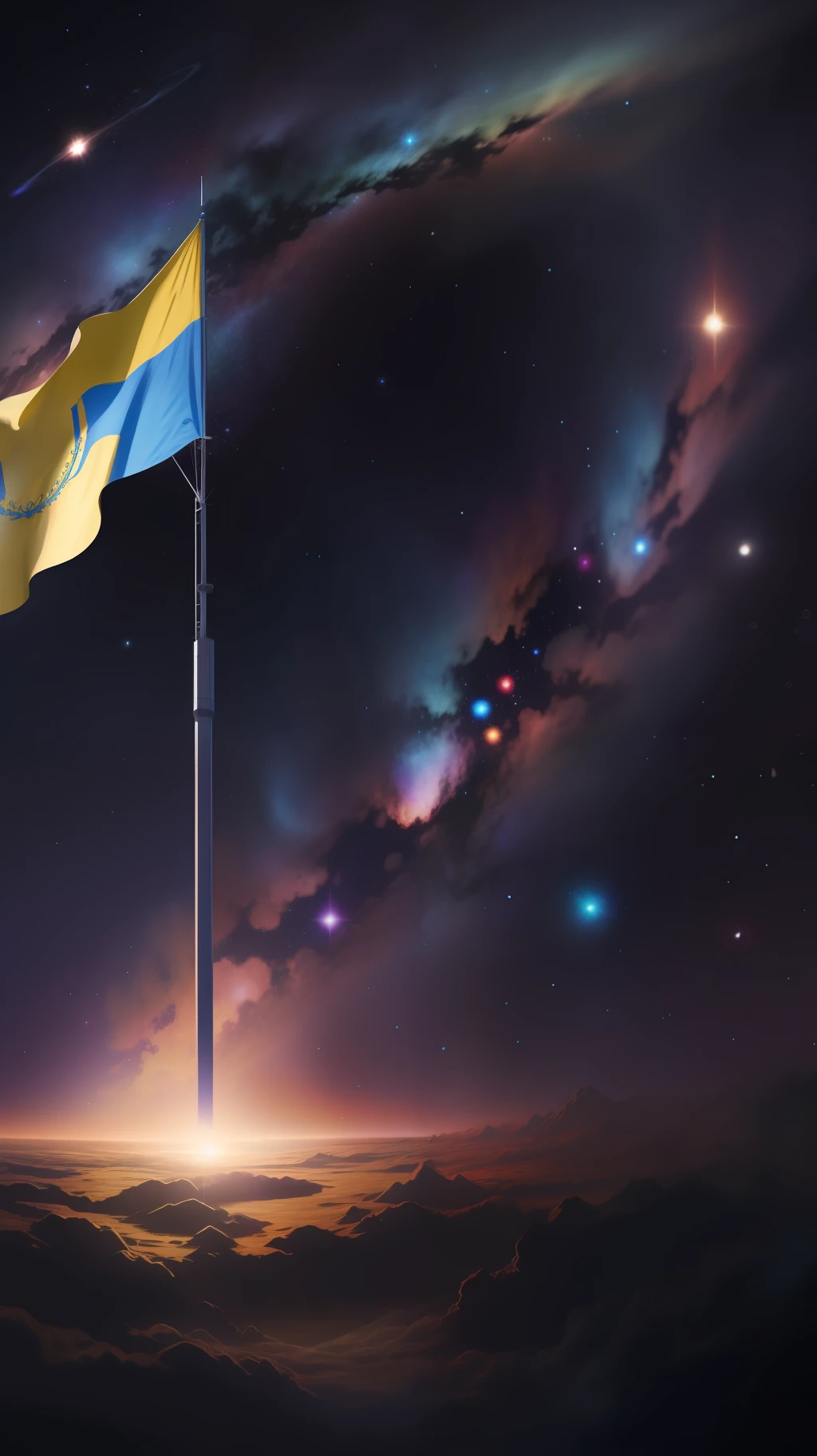 Ukraine flag waving on the dark night in space,galaxy,dark,high resolution,high quality