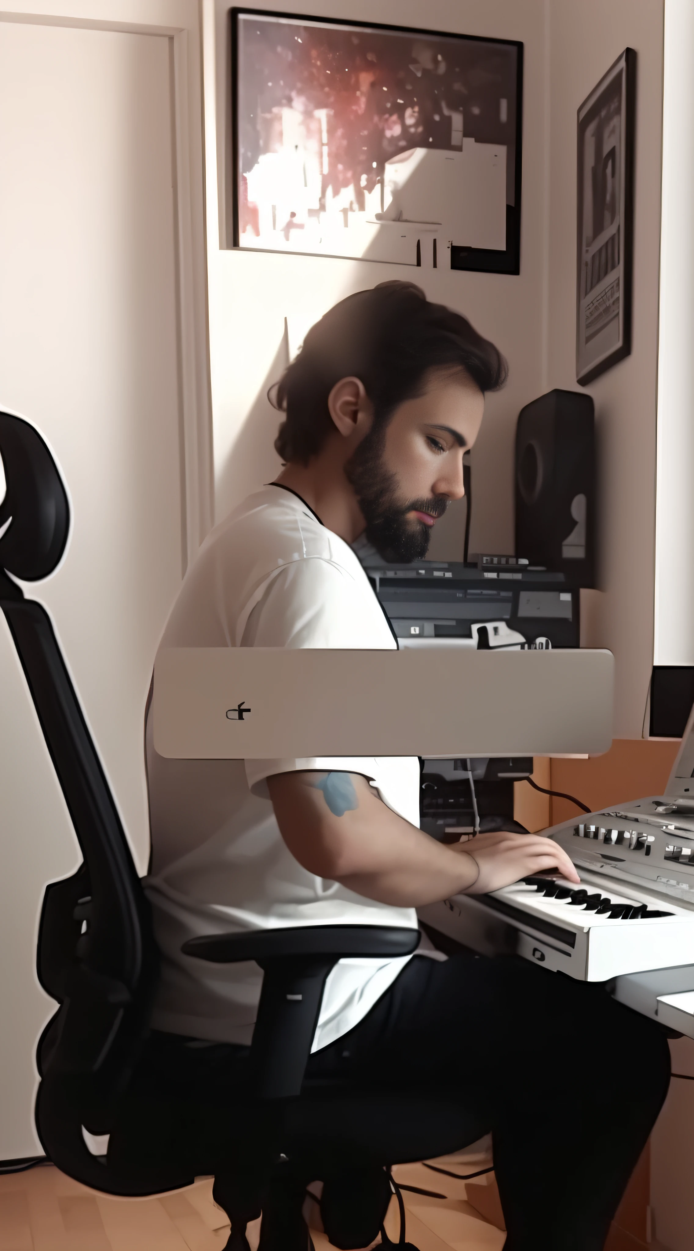 there is a man sitting at a desk with a laptop, keyboardist, assis au bureau au clavier, youtube video screenshot, album art, using synthesizer, music being played, video still, dans son atelier au sous-sol, playing a korg ms-20 synthesizer, compositeur, Alphonse Muca, devant un ordinateur, pose artistique, Il est un artiste