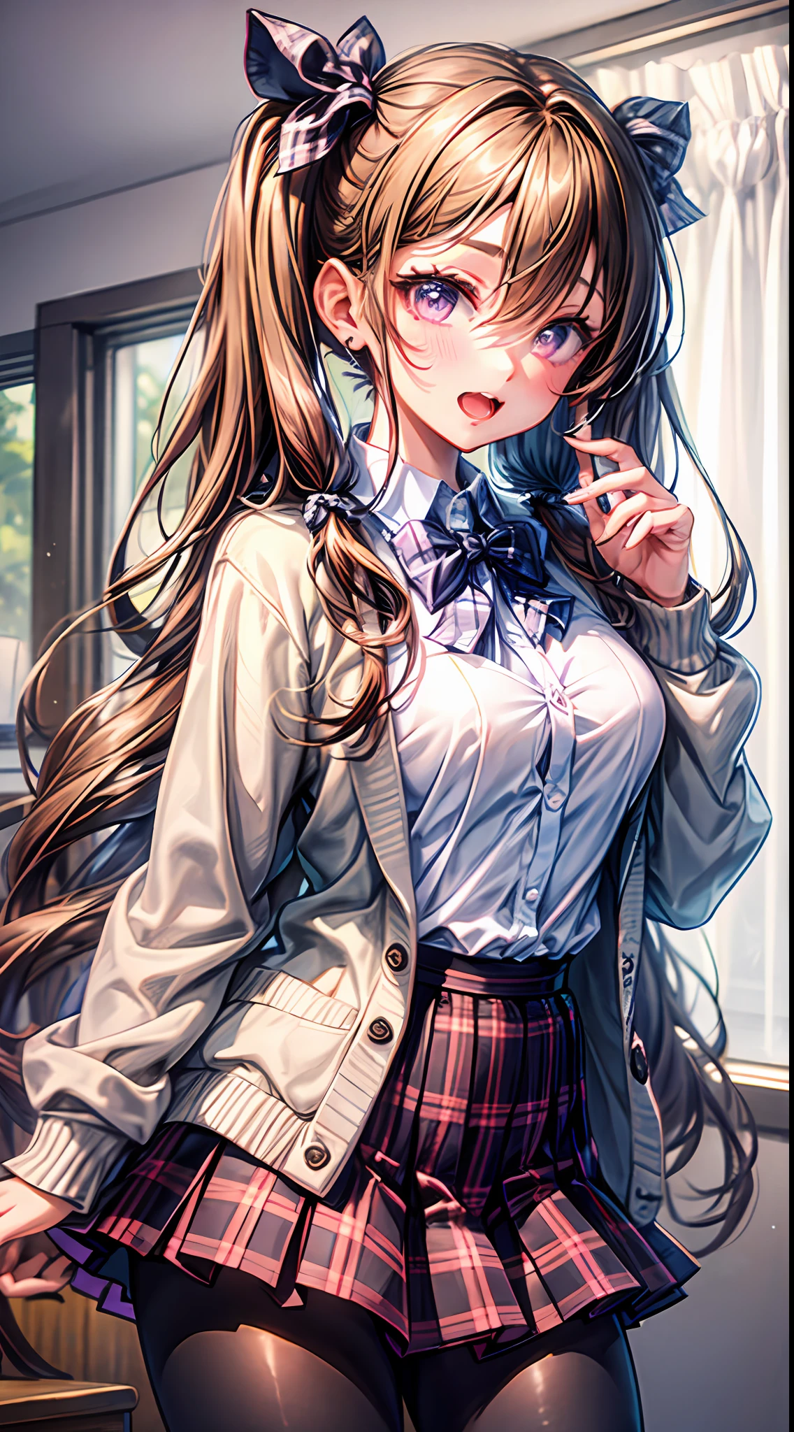 1girl, skirt, purple eyes, plaid, pantyhose, shirt, blush, long hair, twintails, plaid skirt, bow, solo focus, brown hair, collared shirt, white shirt, school uniform, bangs, hair between eyes, cardigan, pleated skirt, 1boy, blue bow, long sleeves, open mouth, low twintails, indoors, brown cardigan, fang, very long hair, plaid bow, grey skirt, bowtie, curtains, cheek pinching, breasts, sleeves past wrists, blonde hair