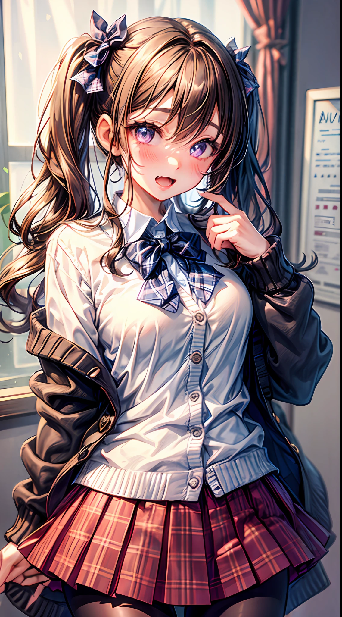 1girl, skirt, purple eyes, plaid, pantyhose, shirt, blush, long hair, twintails, plaid skirt, bow, solo focus, brown hair, collared shirt, white shirt, school uniform, bangs, hair between eyes, cardigan, pleated skirt, 1boy, blue bow, long sleeves, open mouth, low twintails, indoors, brown cardigan, fang, very long hair, plaid bow, grey skirt, bowtie, curtains, cheek pinching, breasts, sleeves past wrists, blonde hair