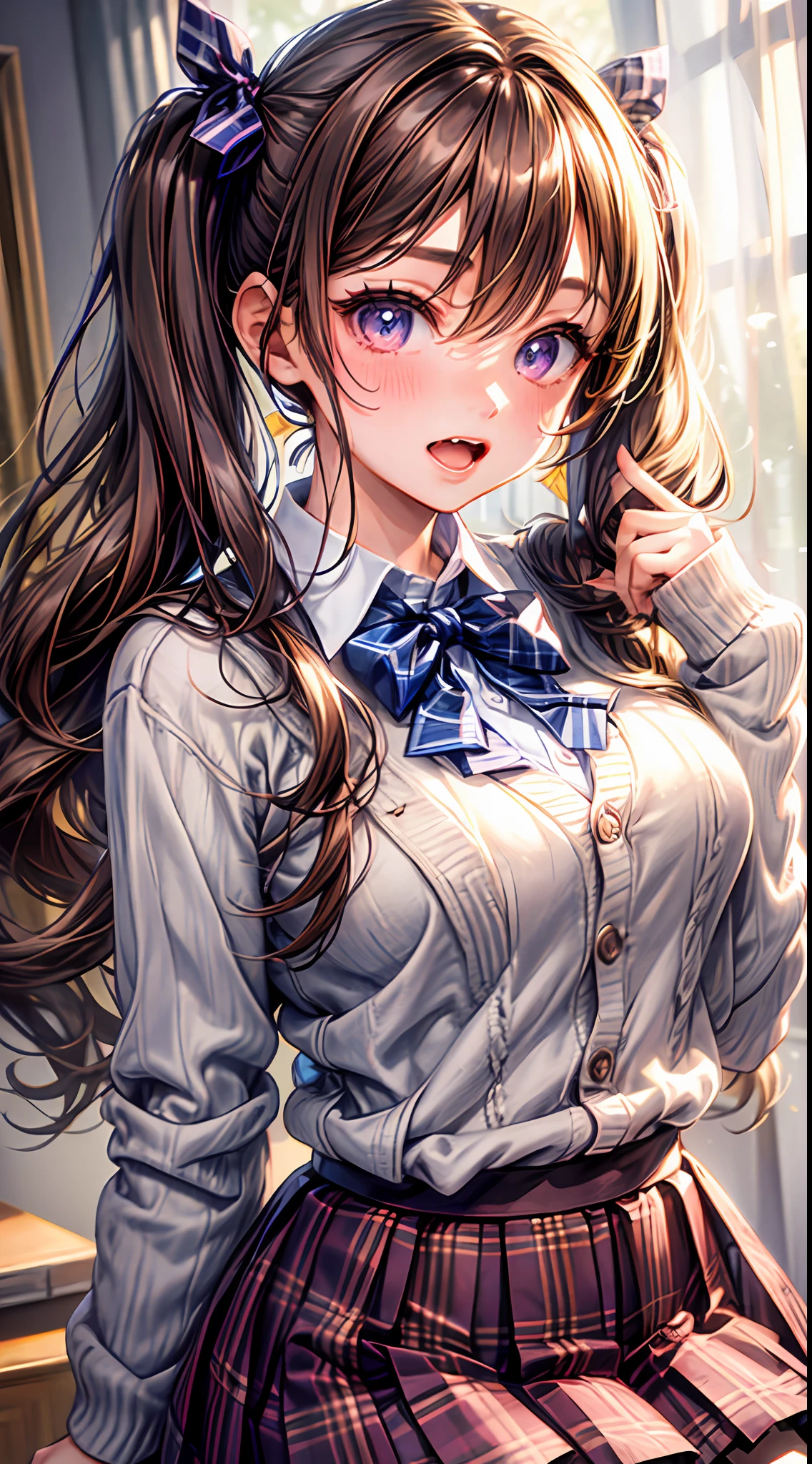 1girl, skirt, purple eyes, plaid, pantyhose, shirt, blush, long hair, twintails, plaid skirt, bow, solo focus, brown hair, collared shirt, white shirt, school uniform, bangs, hair between eyes, cardigan, pleated skirt, 1boy, blue bow, long sleeves, open mouth, low twintails, indoors, brown cardigan, fang, very long hair, plaid bow, grey skirt, bowtie, curtains, cheek pinching, breasts, sleeves past wrists, blonde hair