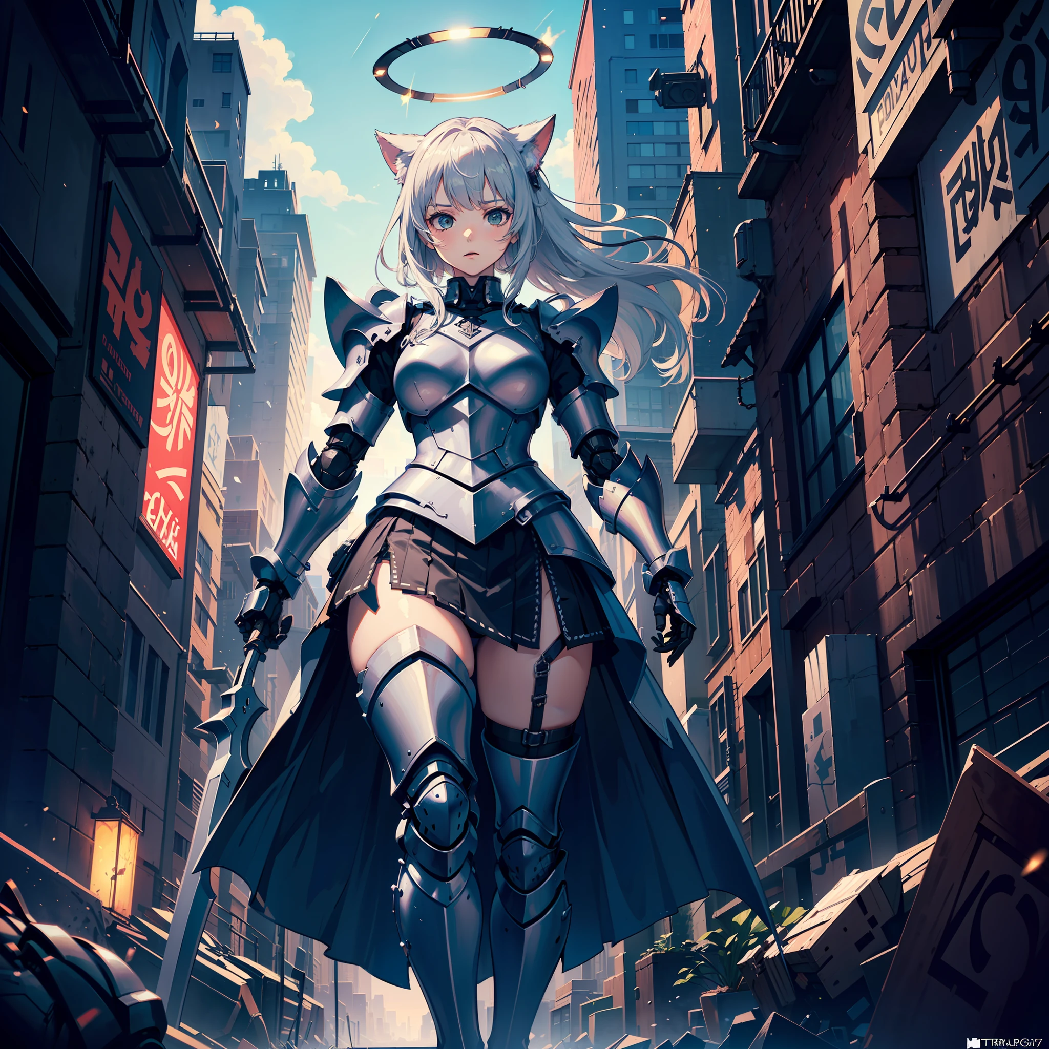 ((((best quality))), (((ultra detailed))), (((masterpiece))), illustration,cyberpunk,(armored skirt:1.5),mecha musume,masterpiece,best quality,official art,extremely detailed CG unity 8k wallpaper, fighting_stance, glowing light,exoskeleton, armored leotard, helmet, solo, crossed bangs, helm, helmet, blue eyes, medium breasts, (1girl:1.5),cityscape, thigh strap, silver pubic hair, halo, holding scythe, robot ears, light particles, from below,