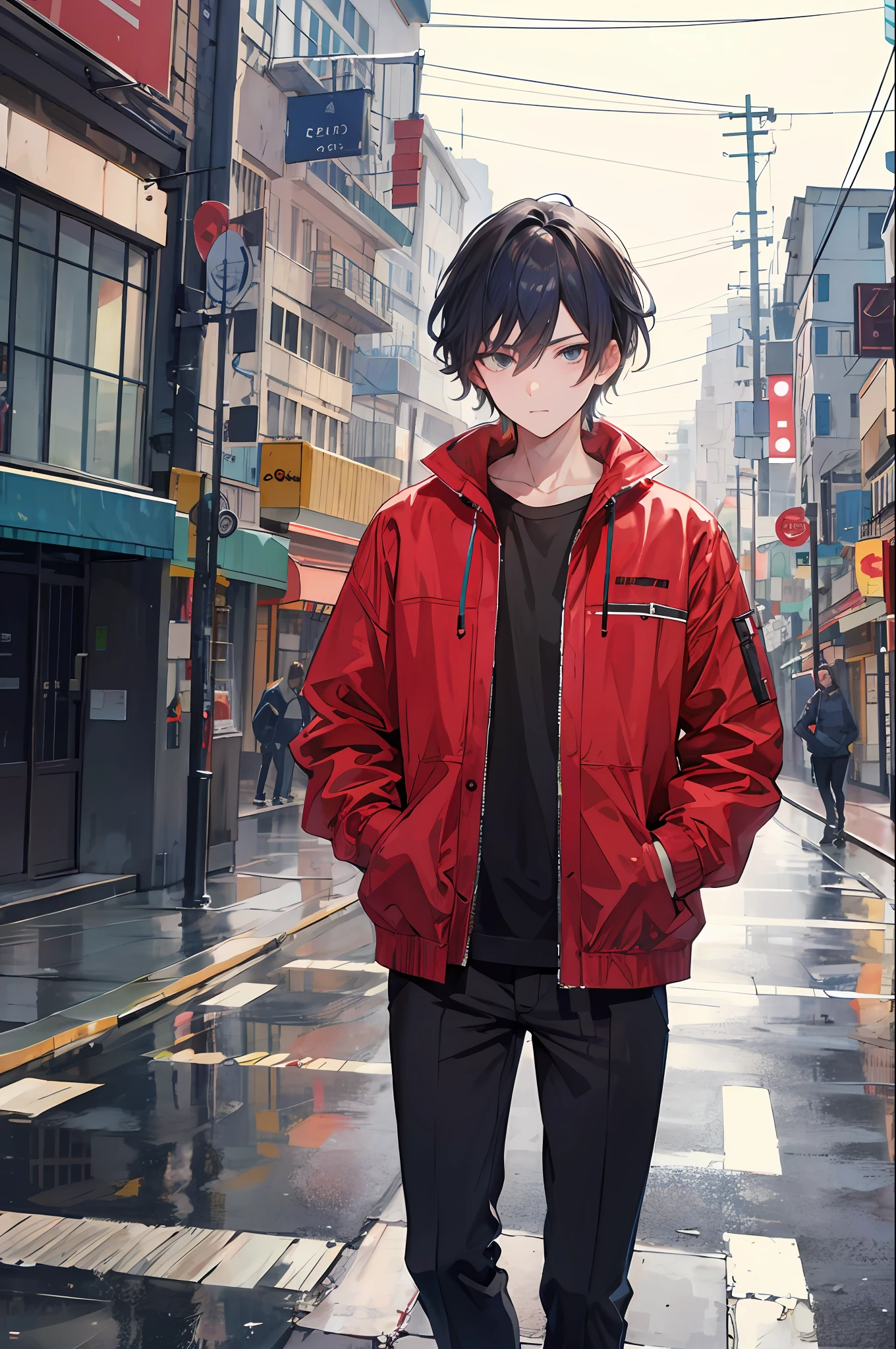 1garoto,cidade noturna,chuva,casaco,Hands in pockets