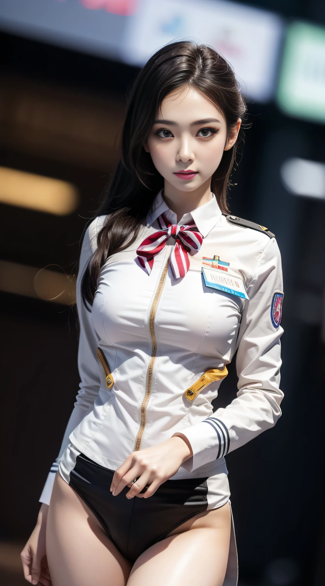 1girl, 8k, realistic, hdr, bokeh, canon, masterpiece, best quality, perfect body, karina, stewardess, dynamic pose, detailed skin, realistic skin, realistic pose, realistic background, beautiful face