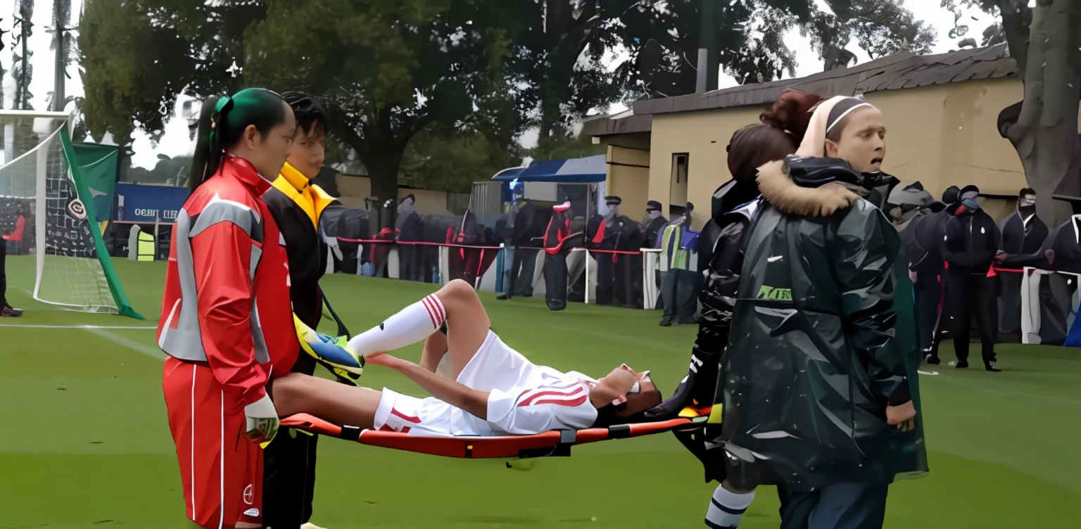 a soccer scene in a chinese sports stadium, rainy weather, wet ground, rainfall, injury scene in a sports stadium, stretcher carry, there are four female medics carrying a stretcher there are four female medics in wet blue raincoats who are carrying a strecher in a rainy sports stadium, there is a wounded male soccer player in a short sports outfit lying on the stretcher, an injured male soccer player is lying on his back on a stretcher and is grabbing his right leg with his hands, a soccer player is rearing up in pain while lying on his back on a stretcher and grabbing his injured leg with his hands, dramatic scene, thatralic posing scene, dramatic pity scene, injury soccer, first aid, help, pity, there are four female medics in shiny lue raincoats who are looking very sad and very terrified and very shocked, the injured soccer player is screaming out in pain while he is carried from zhe pitch on a stetcher through the rain