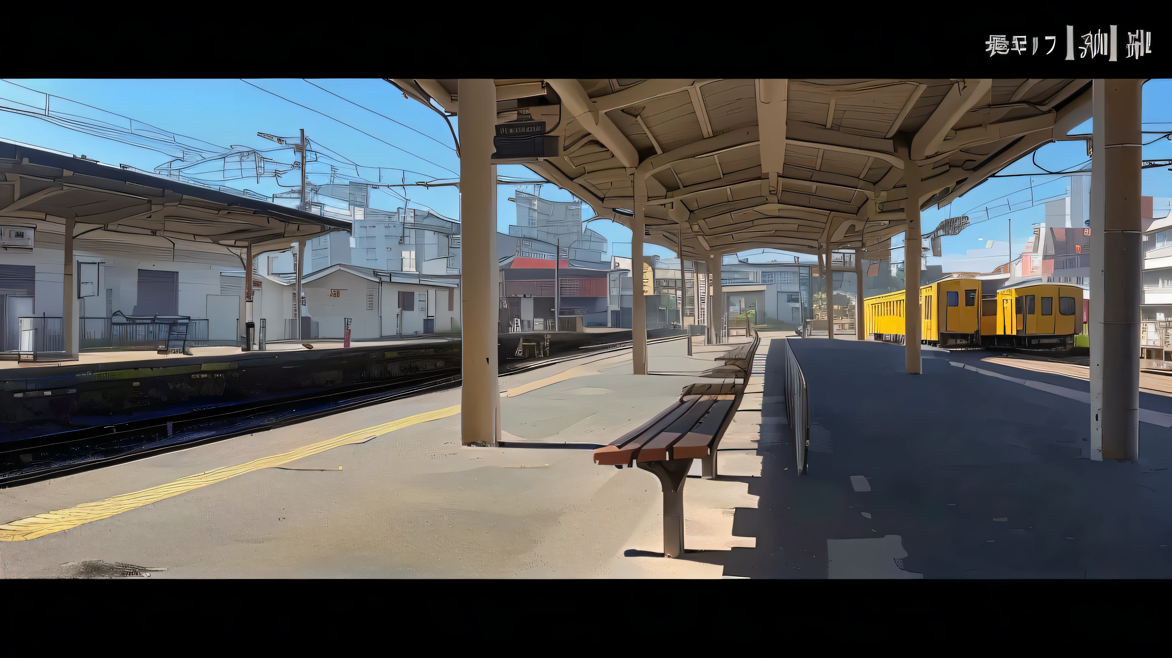 there is a train that is pulling into the station with a bench, drinking a beer at train station, train station in summer, train station explosion,, sitting in tokyo, Train station, , cinematic shot ar 9:16 -n 6 -g, 4 k'', anime style mixed with fujifilm, train station background