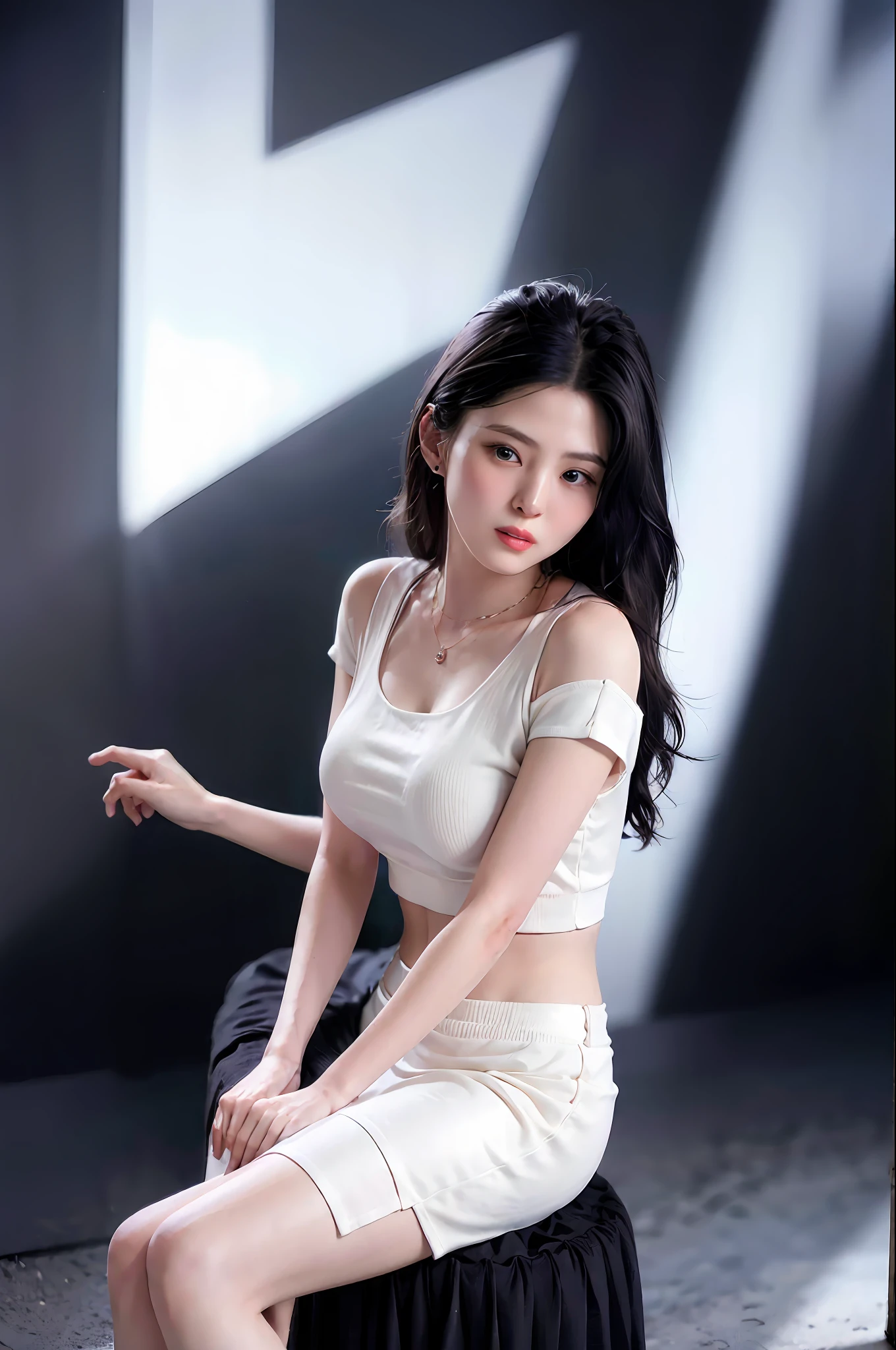 realisticlying，8K，hyper realistic detail，Sharp focus，Delicate skin，（outside，Usually comfortable in soft lighting，comfortable seating），（mini-skirts，crop tops，Block heels，Personality necklace），Extremely detailed face and eyes，（Large breasts)，blackstockings