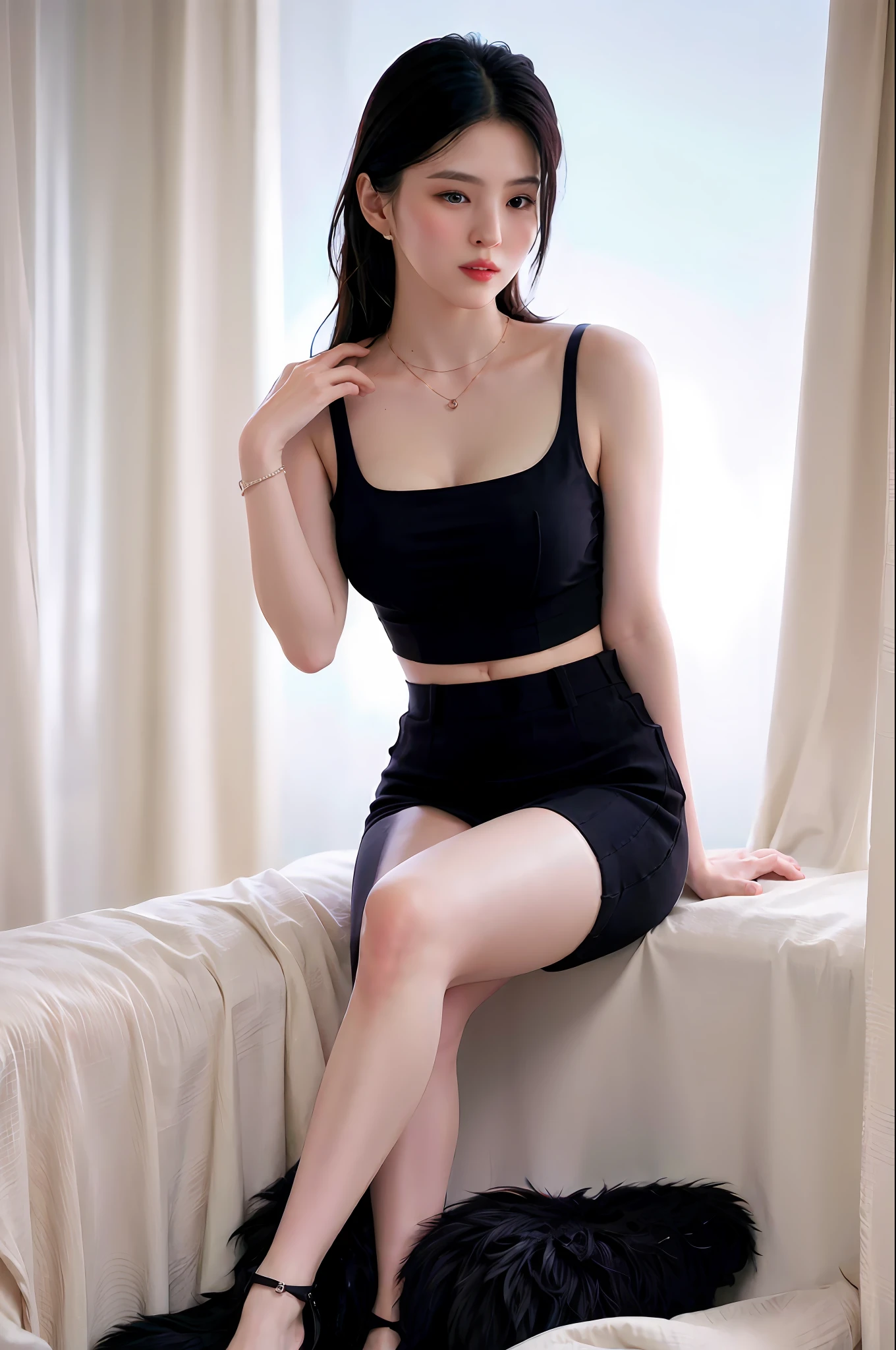 realisticlying，8K，hyper realistic detail，Sharp focus，Delicate skin，（outside，Usually comfortable in soft lighting，comfortable seating），（mini-skirts，crop tops，Block heels，Personality necklace），Extremely detailed face and eyes，（Large breasts)，blackstockings