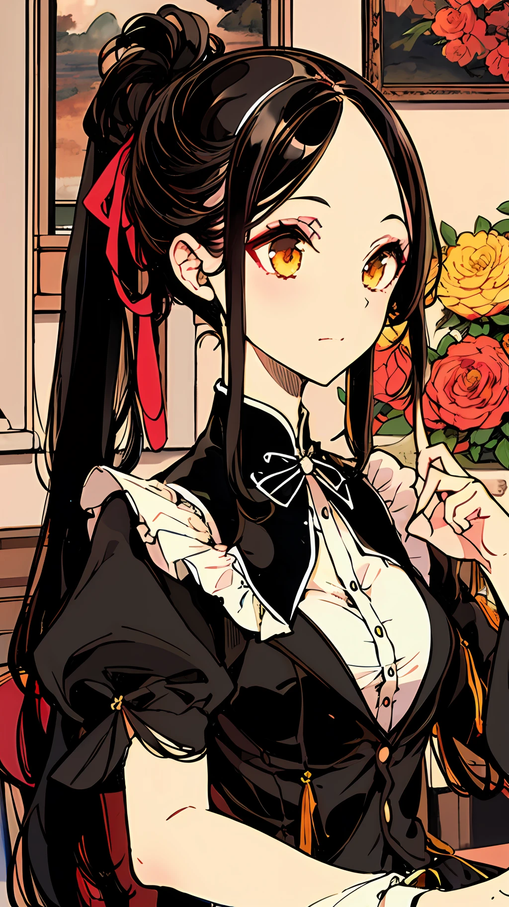 masterpaintings，exquisite detailing，Best quality，1girl，独奏，sitted，1girl,orange eyes,yellow sclera,long hair,black hair,Colored inner hair,black_hair,Sidelocks,high ponytail,ponytail,medium breasts,flower ribbon