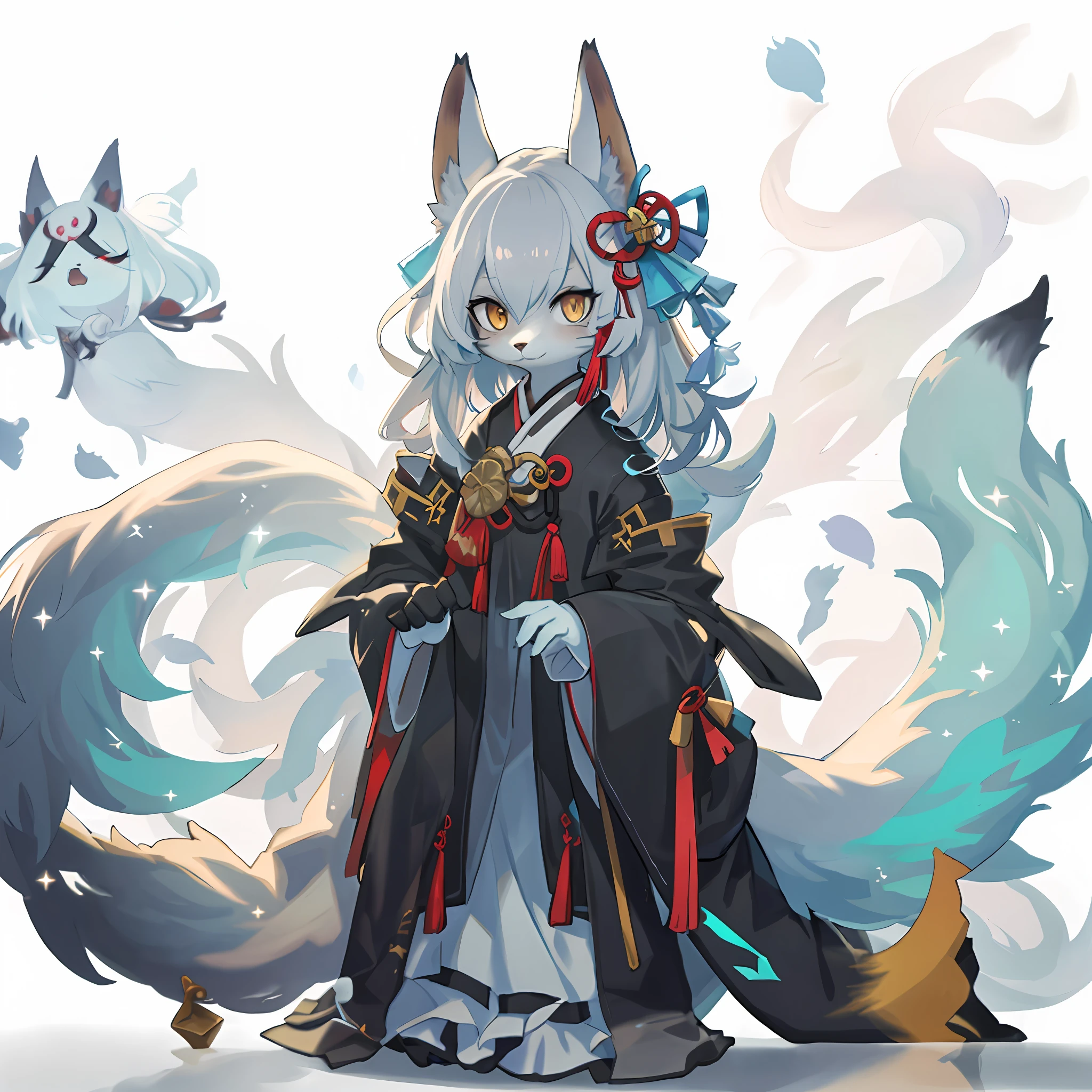 a close up of a cat with a long tail and a tail, from arknights, Onmyoji detailed art, White-haired fox, 8K high quality detailed art, three - tailed fox, Nine tails, 《genshinimpact》in the clear, white fox anime, ethereal fox, by Yang J, trending on artstation pixiv, style of duelyst