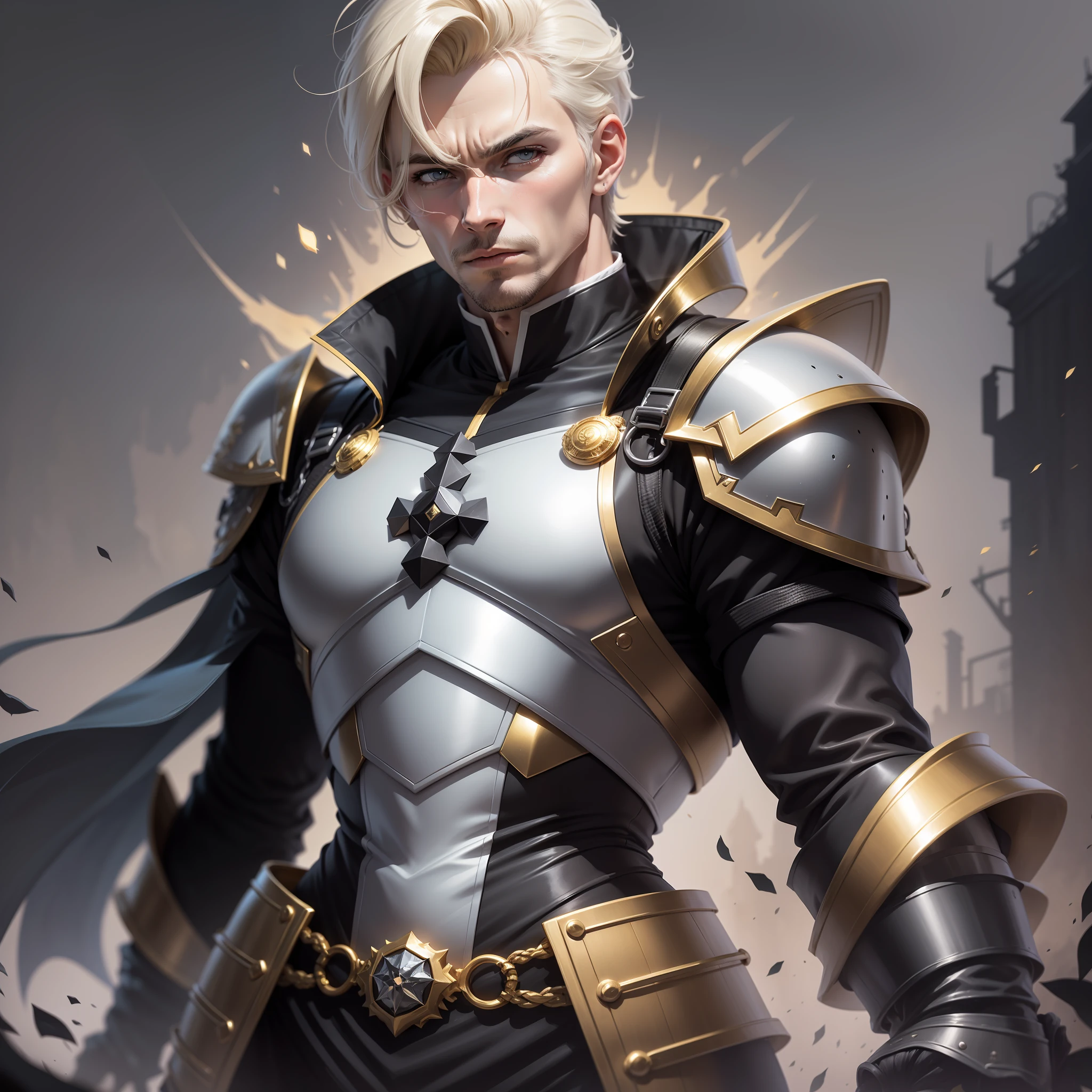 imagem realista com uma arte em estilo personagem de anime de um homem loiro de 30 e poucos anos, muito forte, alto, Short blonde hair combed back and fixed with gel, olhos claros, dressed in black and white cleric's costumes and with golden shoulder pads, Fascinado, Standing in a darkroom