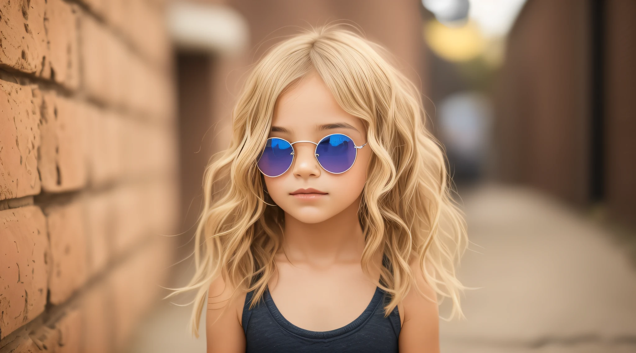 arafed with sunglasses standing in front of a brick wall, cabelos loiros cacheados | d & d, menina de c loiros cacheados curtos, girl with glasses, menina bonito, giring round glasses, longos cabelos loiros cacheados e fofos, longos cabelos loiros e cacheados, menina bonito, cabelos cacheados, loiro encaracolado, menina bonita, menina jovem b