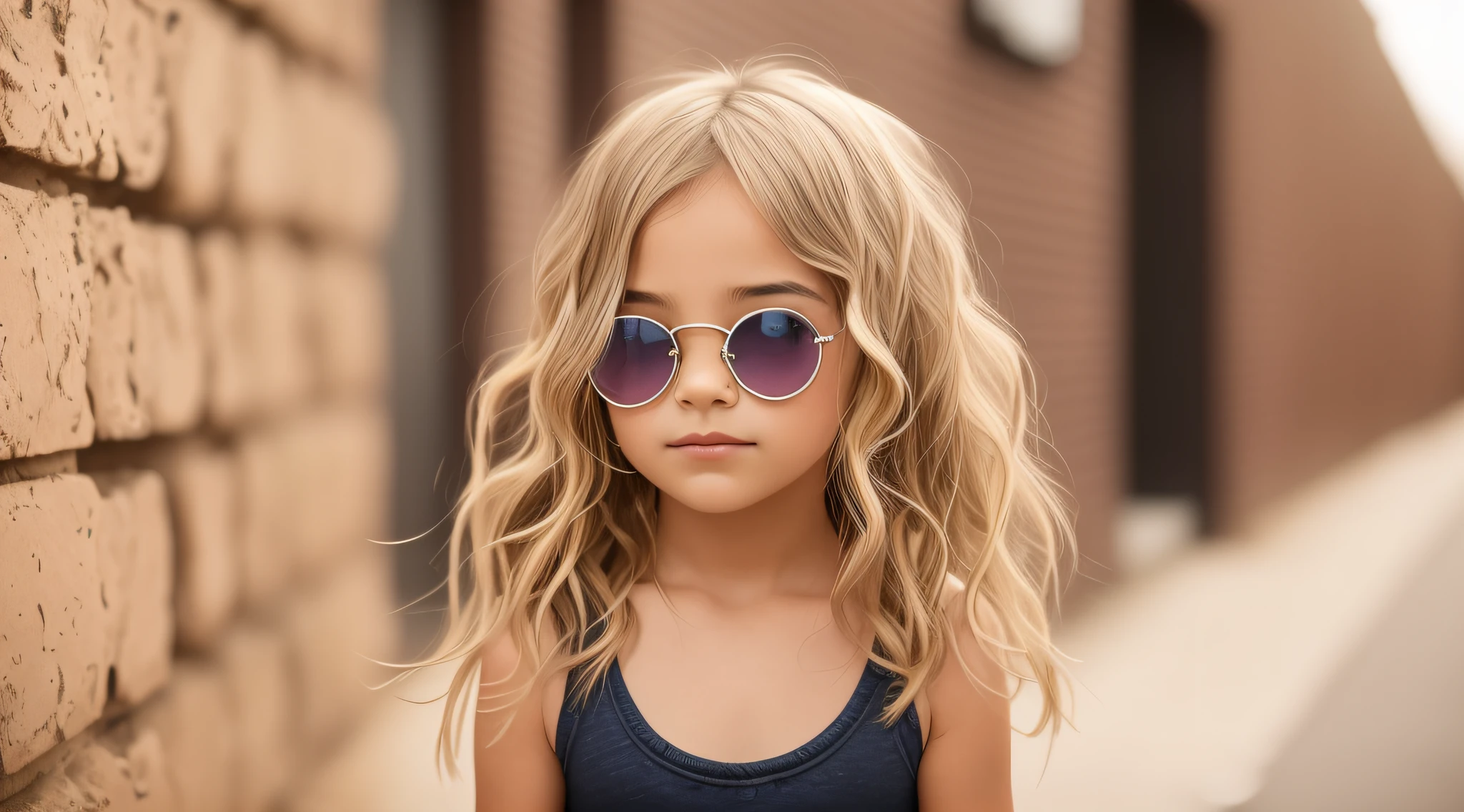 arafed little girl with sunglasses standing in front of a brick wall, cabelos loiros cacheados | d & d, de cabelos loiros cacheados curtos, girl with glasses, meninao, girl wearing round glasses, longos cabelos loiros cacheados e fofos, longos cabelos loiros e cacheados, menina bonitelos loiros cacheados, loiro encaracolado, menina bonita, menvem bonito