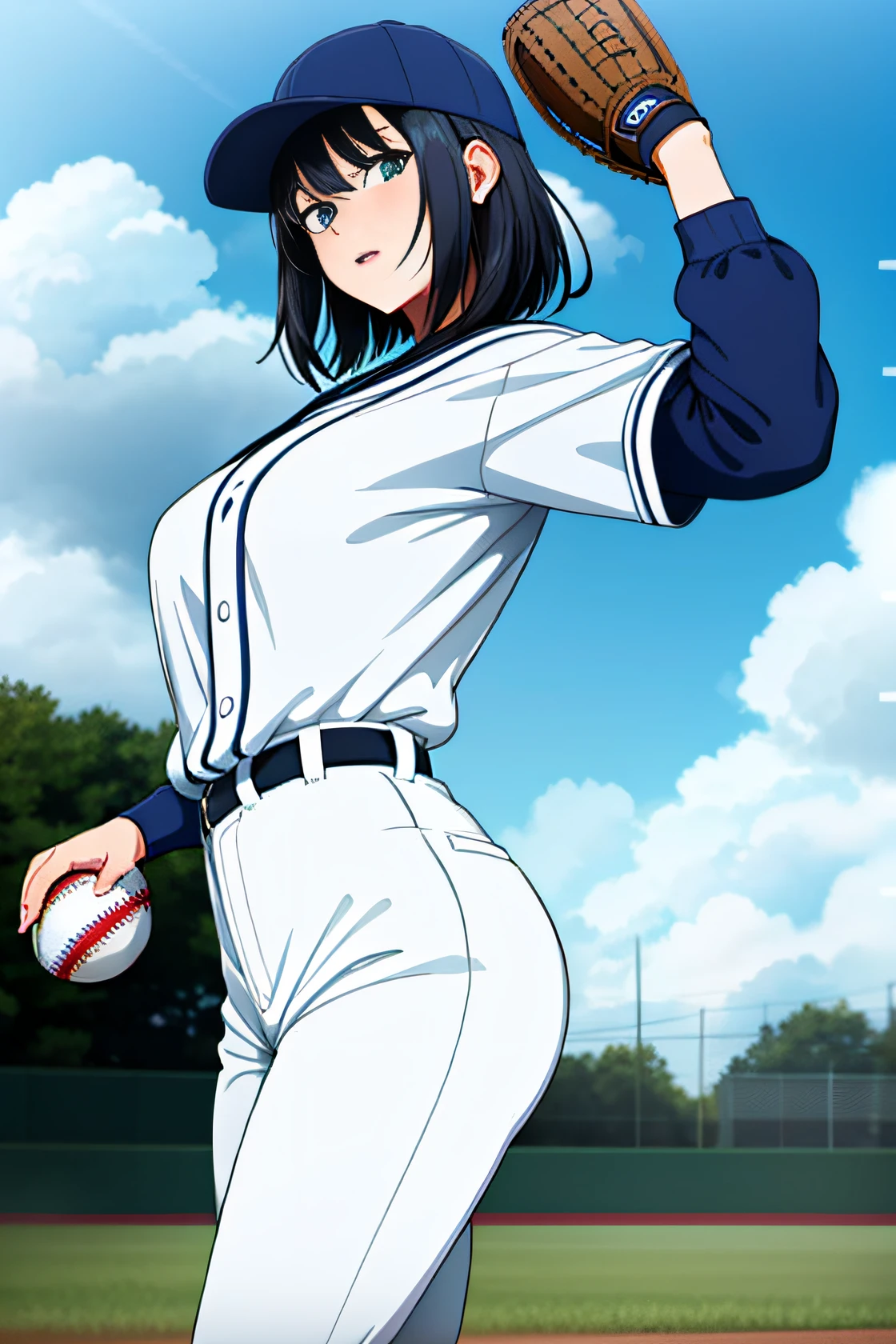 neocoill,  masterpiece, best quality, 1girl, baseball uniform, solo, baseball mitt, baseball cap, hat, baseball, sky, sportswear, cloud, black hair, blue sky, day, holding, shirt, bangs, medium hair, long sleeves, standing, holding ball, outdoors, looking at viewer, parted lips, large breasts, mature female,