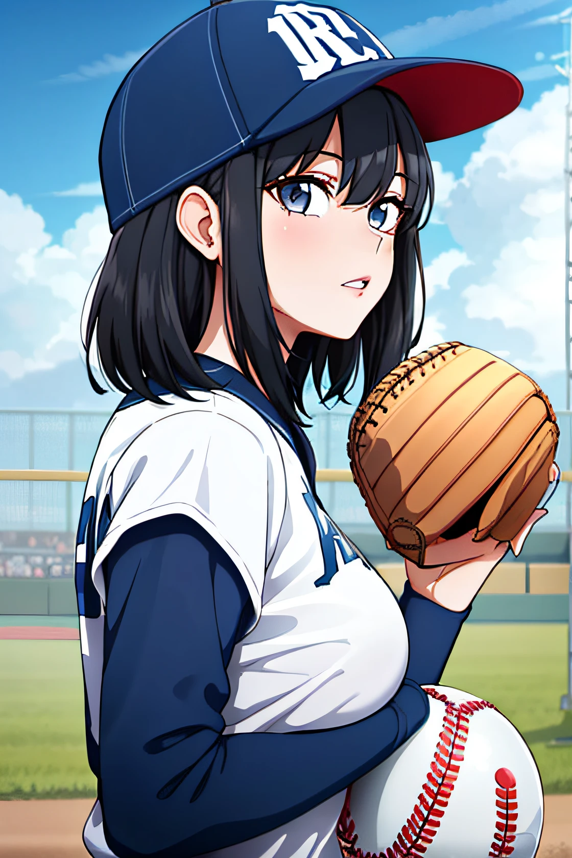 neocoill,  masterpiece, best quality, 1girl, baseball uniform, solo, baseball mitt, baseball cap, hat, baseball, sky, sportswear, cloud, black hair, blue sky, day, holding, shirt, bangs, medium hair, long sleeves, standing, holding ball, outdoors, looking at viewer, parted lips, large breasts, mature female,