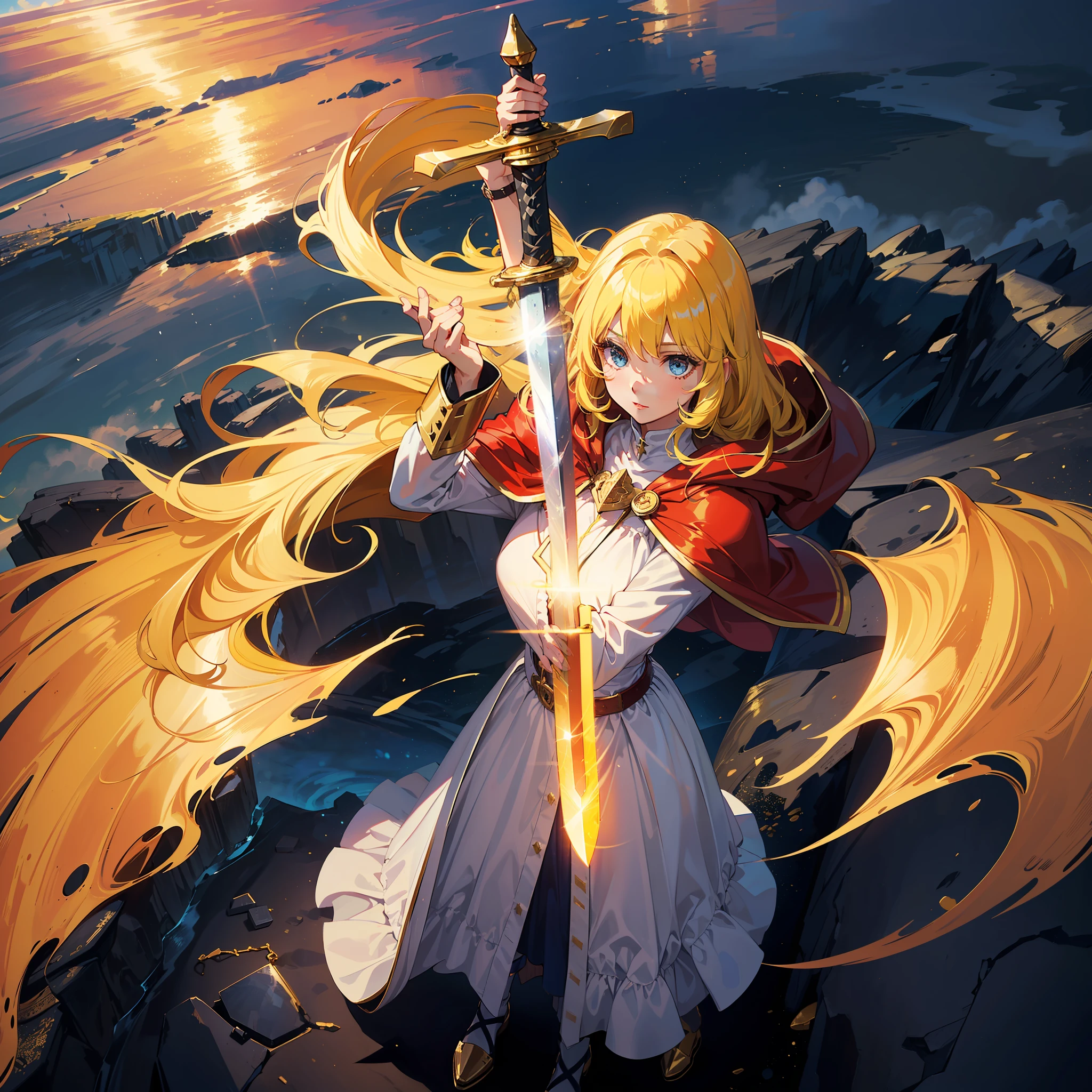 cowboy shot, 1girl, (yellow hair:1.35), blue eyes, (long hair:1.2), silver breastplate and shoulder plate, (red cape:1.25), (white long dress:1.3), (holding golden sword:1.55), (standing on the cliff:1.25), strong light and shadow, Volumetric Lighting, backlight, starry, starry light, (night:1.2), colorful, cloud, star \(sky\), looking at sky, (from above:1.4), (holy light through thick black cloud to the girl:1.28), (light on girl:1.45),