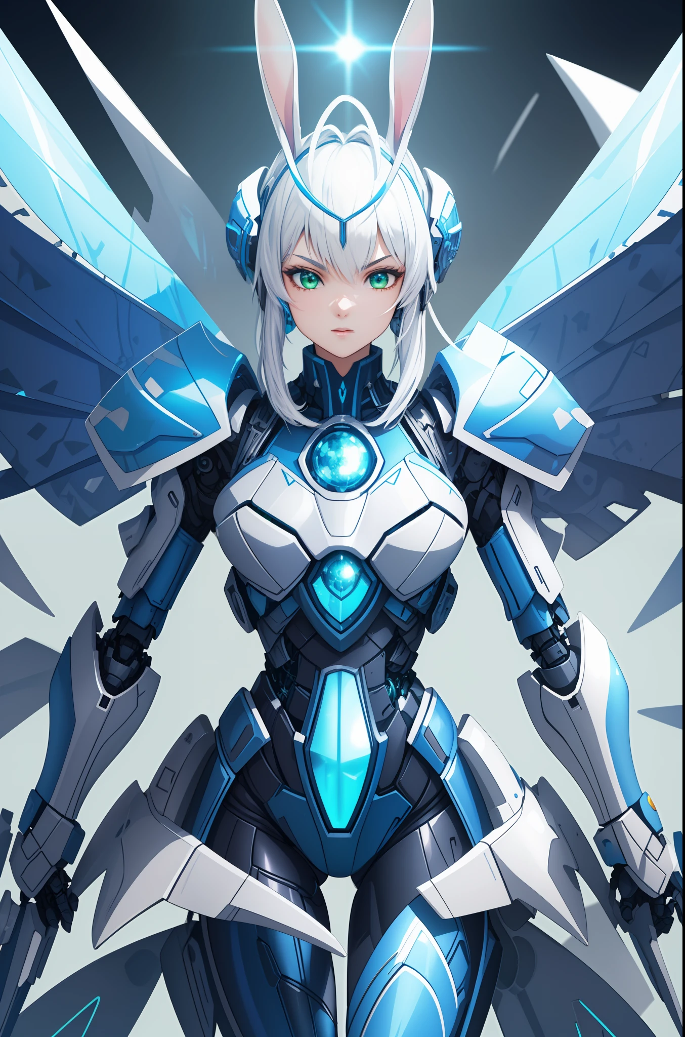 (Super elaborate CG Unity 8K wallpaper, masterpiece, highest quality): (Dynamic Angle, Solo, 1 Girl, blue cyborg armor in the style of police uniform, sparkly green eyes, mental antenna resembling rabbit ears, gray hair)