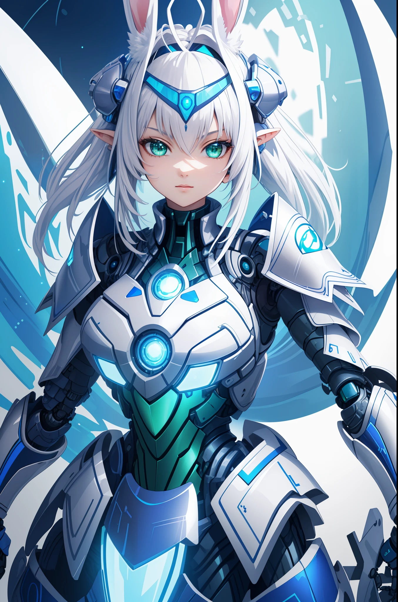 (Super elaborate CG Unity 8K wallpaper, masterpiece, highest quality): (Dynamic Angle, Solo, 1 Girl, blue cyborg armor in the style of police uniform, sparkly green eyes, mental antenna resembling rabbit ears, gray hair)