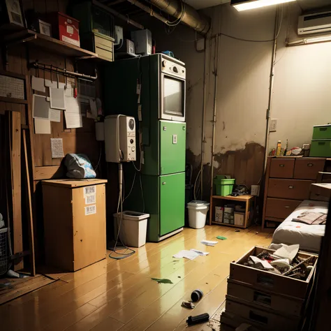 abandoned houses、dojunkai apartment surreal and very detailed illustration、storage room、shoe box、umbrella stand、devastated、deser...