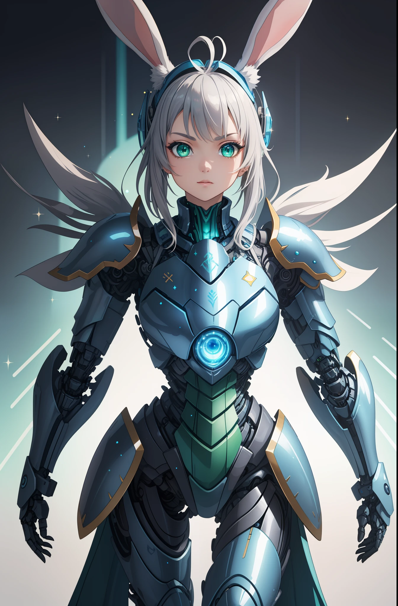 (Super elaborate CG Unity 8K wallpaper, masterpiece, highest quality): (Dynamic Angle, Solo, 1 Girl, blue cyborg armor in the style of police uniform, sparkly green eyes, mental antenna resembling rabbit ears, gray hair)