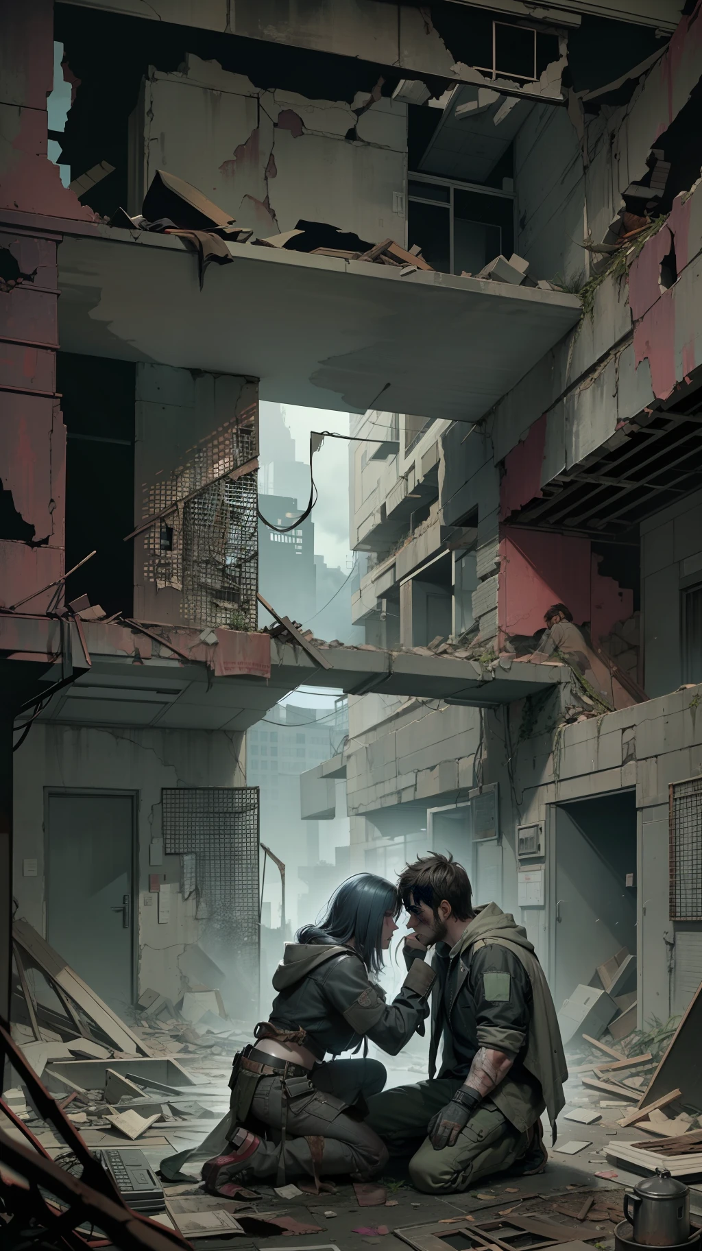 [Best Quality] [HDR] (Ultra detailed) (dark/depressive mood) (a masterpiece of) Dystopian, urban ruins, with a post-apocalyptic, dimly lit environment. A young bearded man kneeling down to embrace a wounded and crying young woman to comfort her. (Envision a) gritty, dirty setting with overgrown rubble and a dark subdued color palette that emphasizes the solemn mood of the scene.
