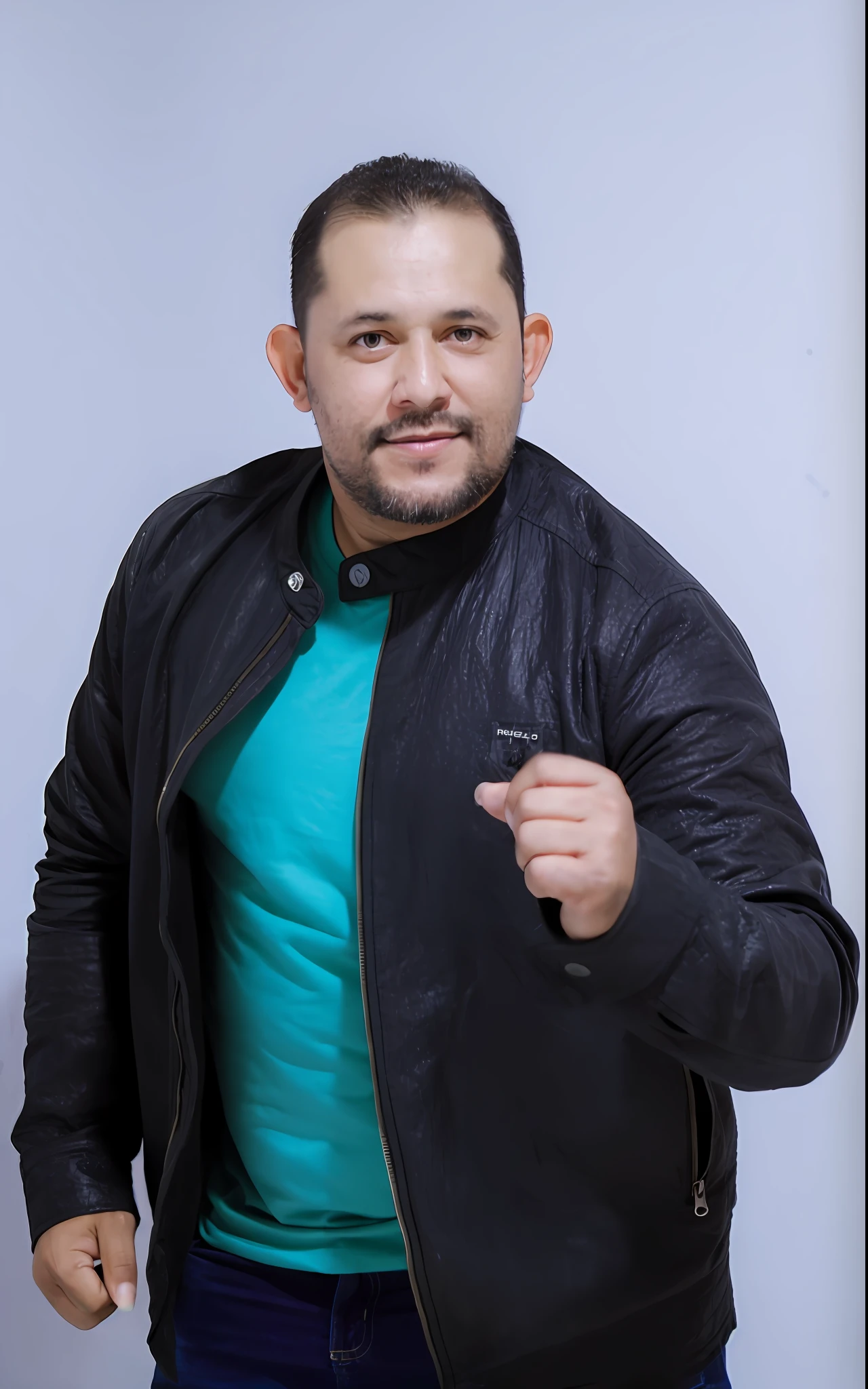 there is a man in a black jacket and blue shirt, Eloy Morales, Mohamed Chahin, victor maristane, andres rios, juan diaz canales, Salustiano Garcia Cruz, Khyzyl Saleem, Carlos Ortega Elizalde, david rios ferreira, Hicham Habchi, Cristiano Orrillo, danilo torres, Jose Miguel Romano Francisca