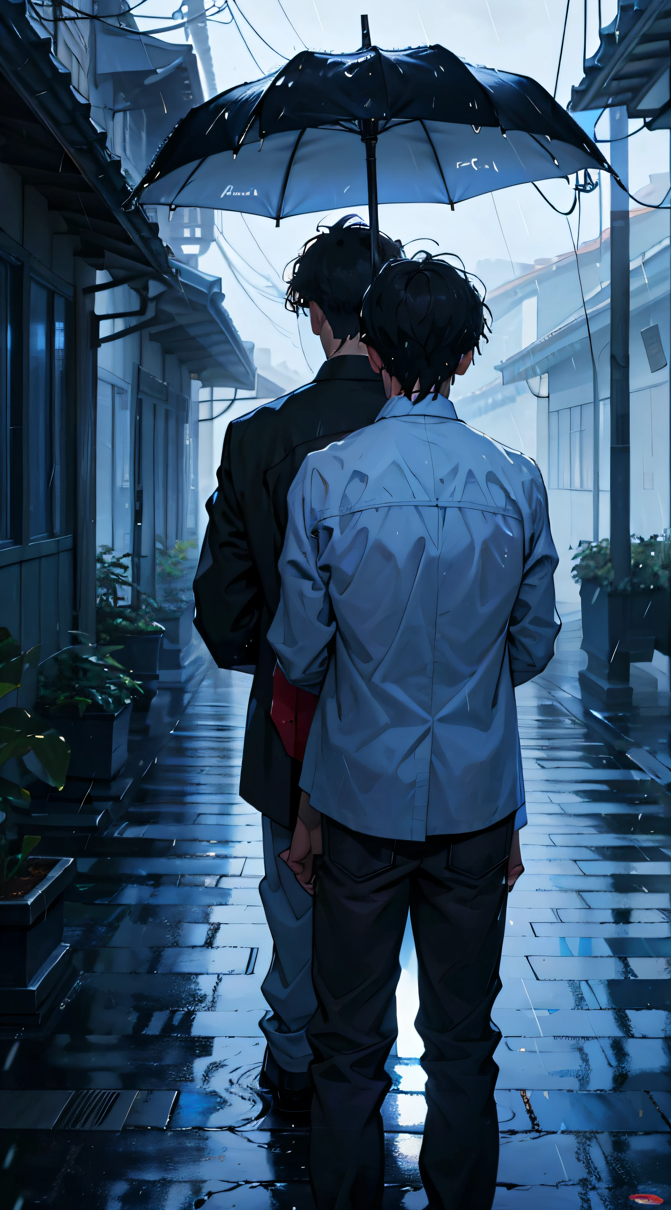 masterpaintings,optimal quality,downpour,Two men,Extremely depressing,with short black hair,Hands together,Back Shadow