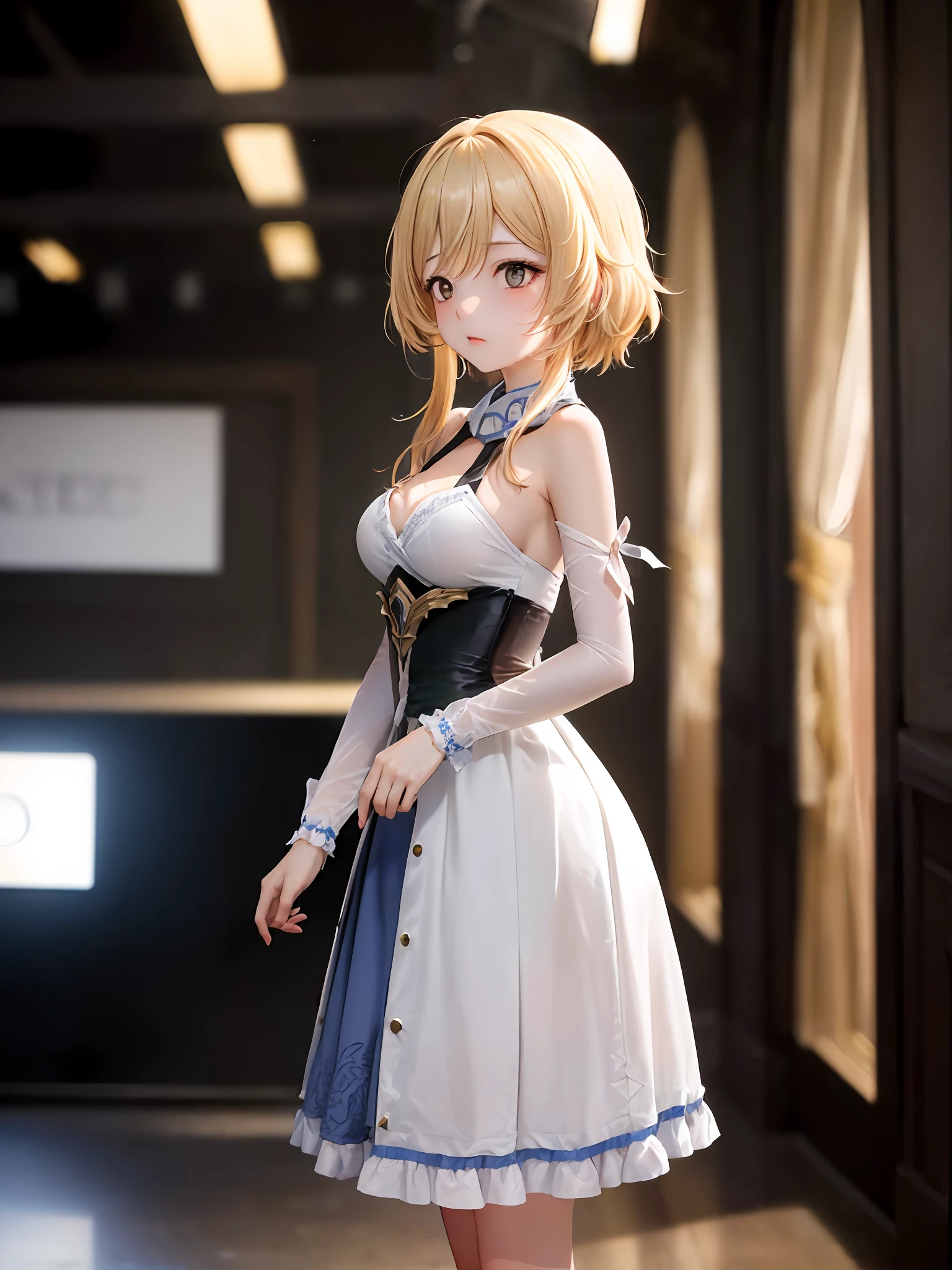 1girl huge large breasts, Single person，， (巨作:1.1), (Best quality:1.1),  break [Blue:peach red:0.5] Theme, Cowboy shot,Cinematic light， (body complet:1.2)，exquisite facial features，perfect hand，(small boobs：1.5)，to stand，Stage background，inside room，
